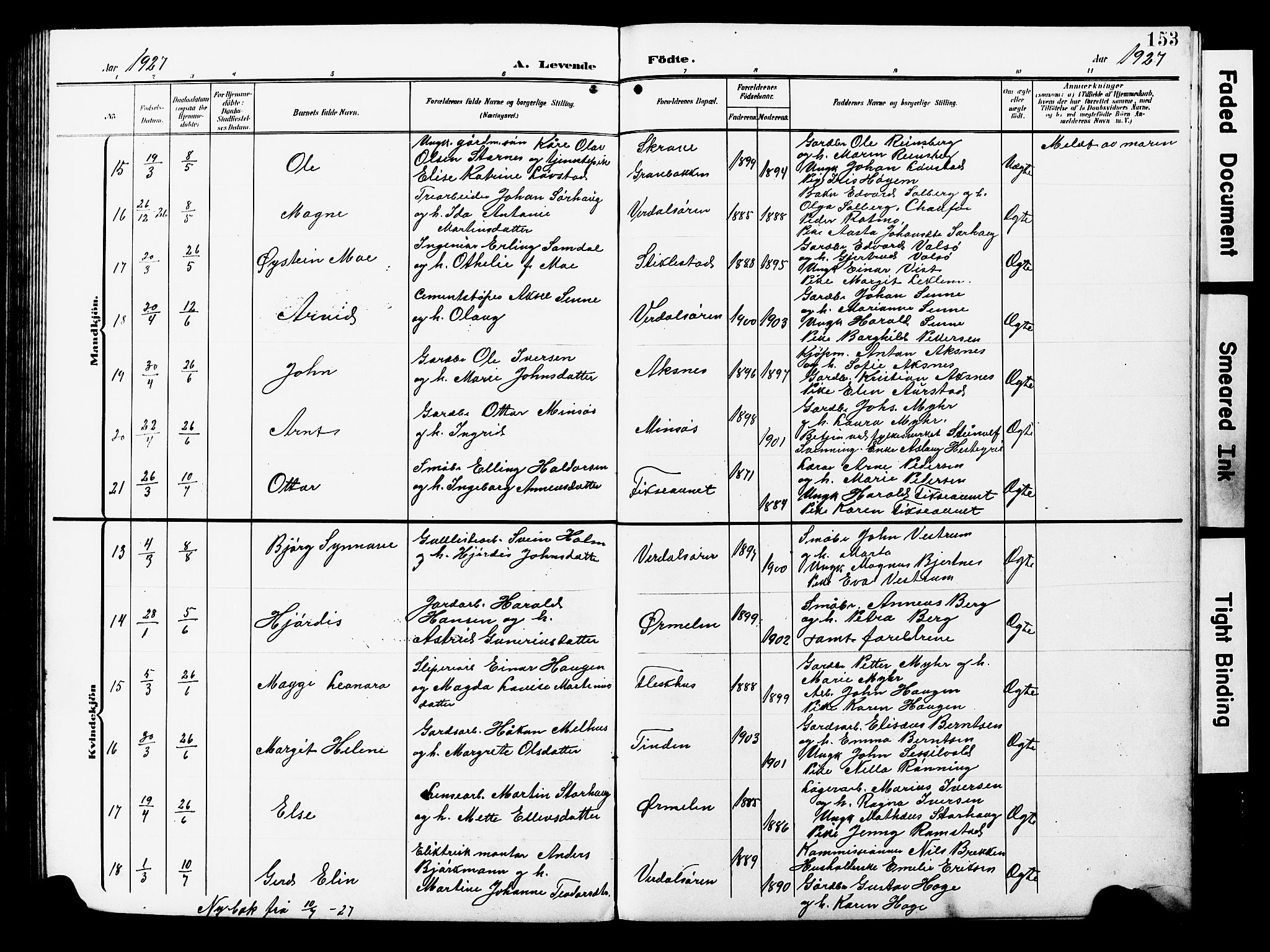 Ministerialprotokoller, klokkerbøker og fødselsregistre - Nord-Trøndelag, AV/SAT-A-1458/723/L0258: Parish register (copy) no. 723C06, 1908-1927, p. 153