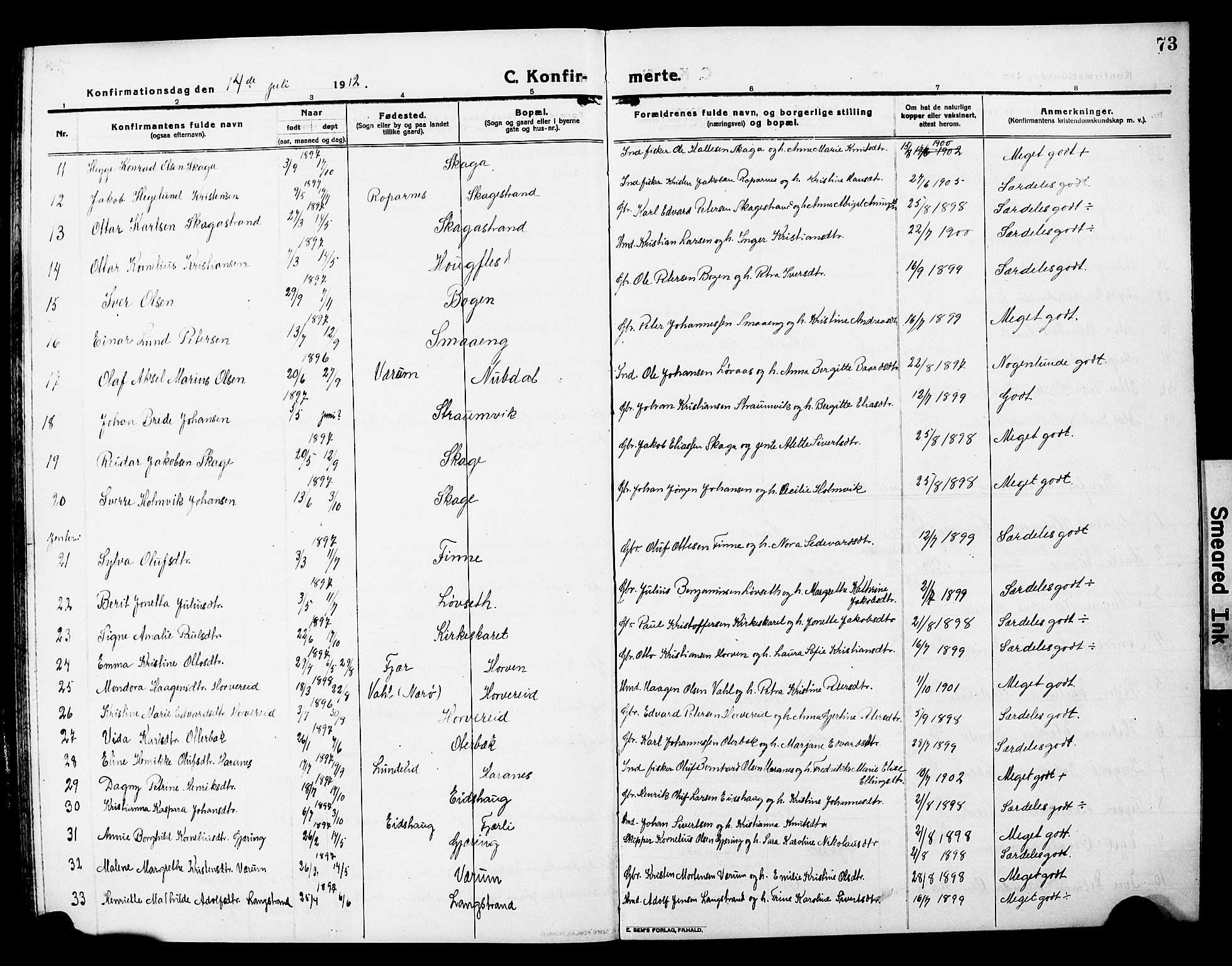 Ministerialprotokoller, klokkerbøker og fødselsregistre - Nord-Trøndelag, AV/SAT-A-1458/780/L0653: Parish register (copy) no. 780C05, 1911-1927, p. 73