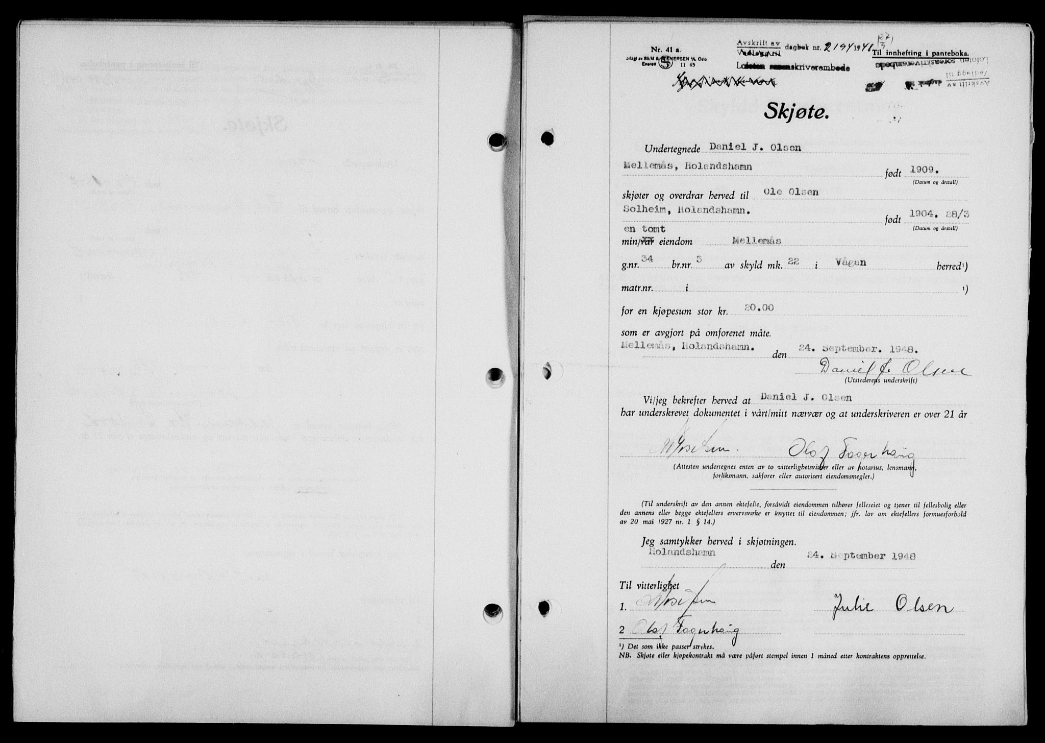 Lofoten sorenskriveri, SAT/A-0017/1/2/2C/L0019a: Mortgage book no. 19a, 1948-1948, Diary no: : 2194/1948