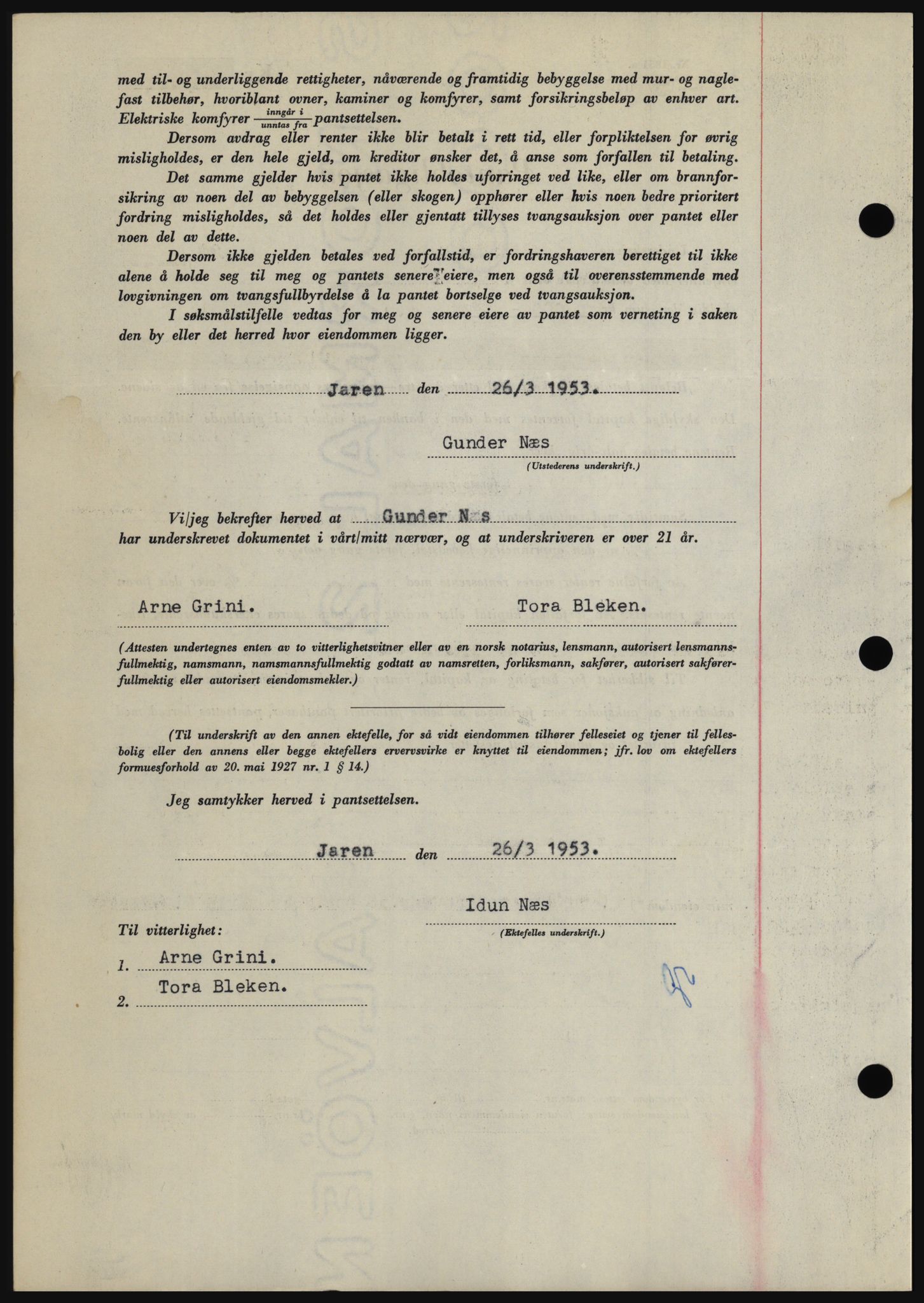 Hadeland og Land tingrett, SAH/TING-010/H/Hb/Hbc/L0026: Mortgage book no. B26, 1953-1953, Diary no: : 989/1953