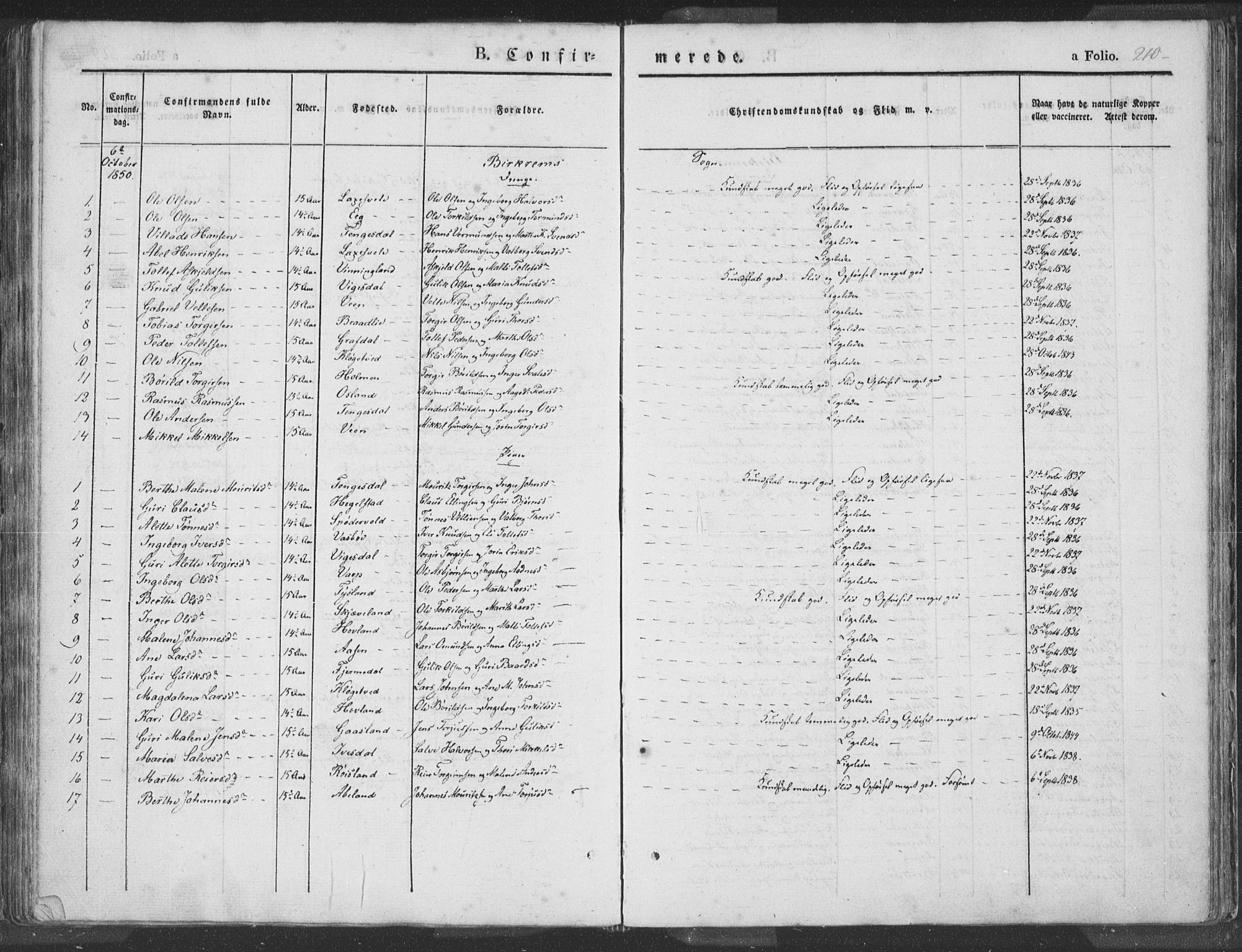 Helleland sokneprestkontor, AV/SAST-A-101810: Parish register (official) no. A 6.1, 1834-1863, p. 210