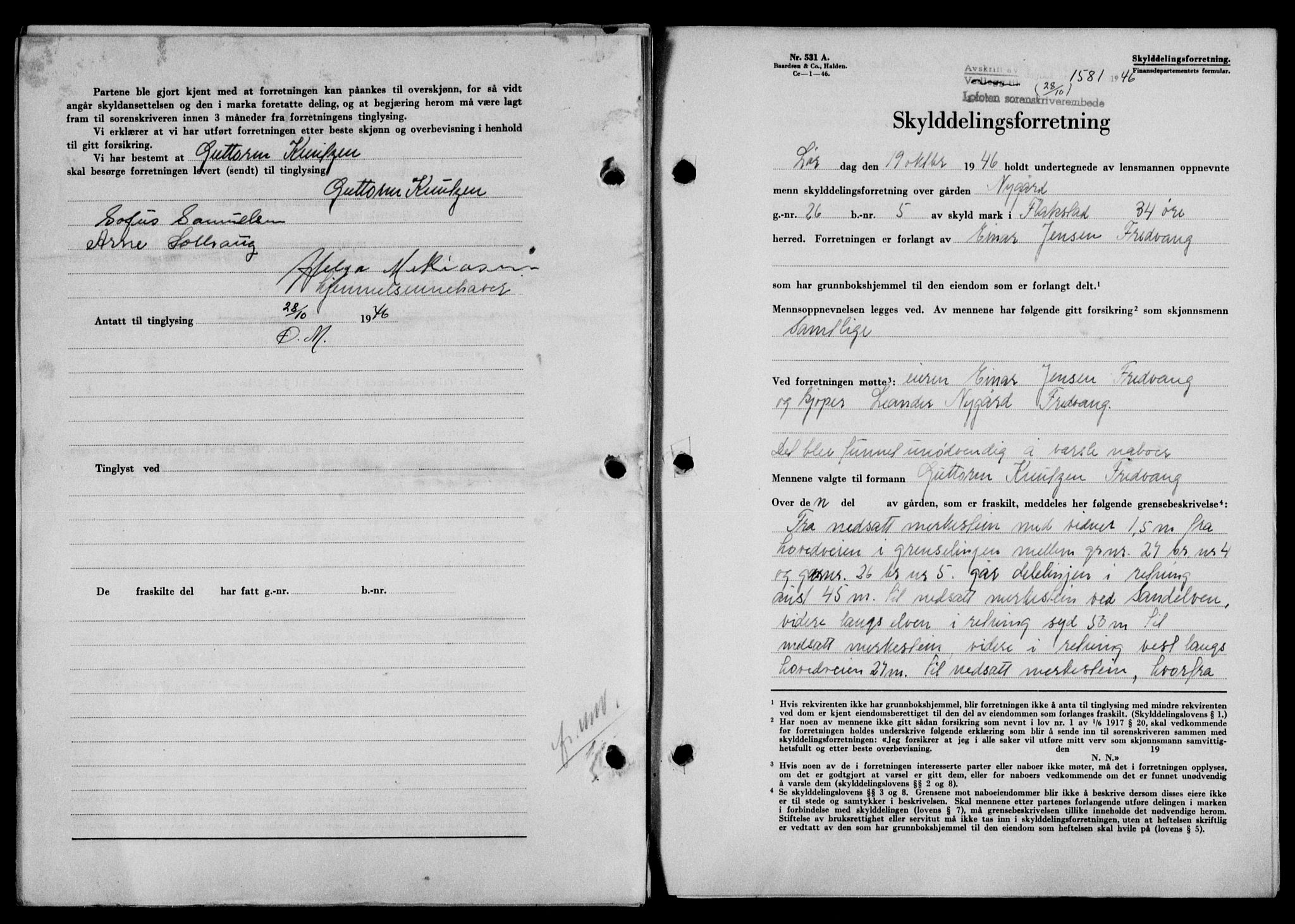 Lofoten sorenskriveri, SAT/A-0017/1/2/2C/L0014a: Mortgage book no. 14a, 1946-1946, Diary no: : 1581/1946
