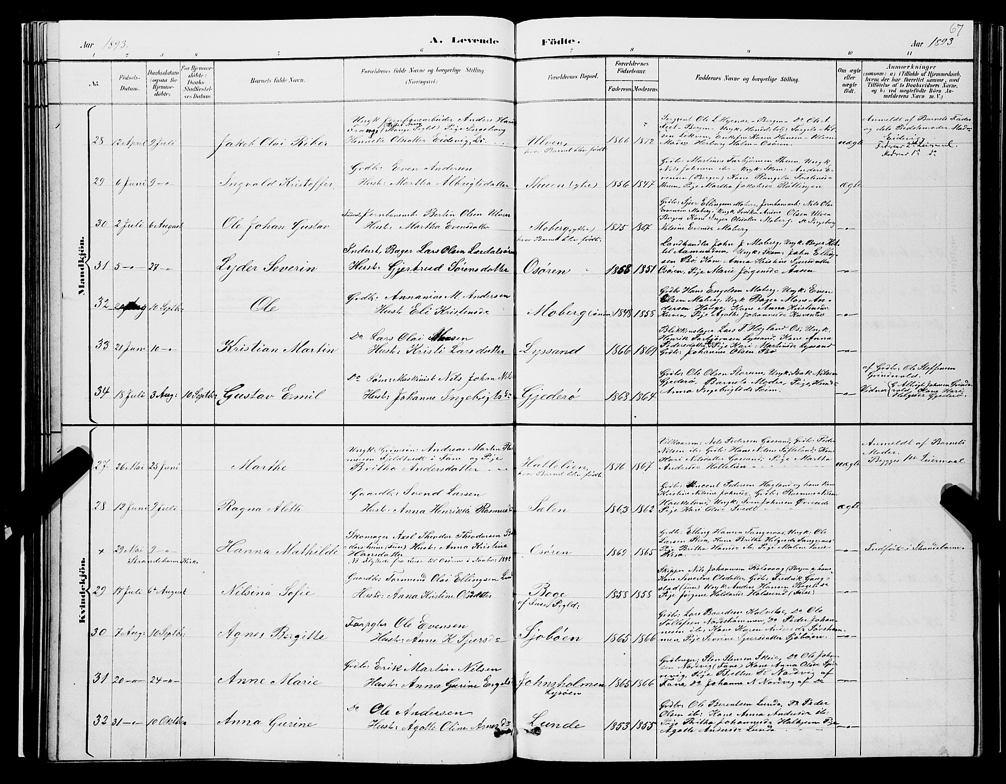 Os sokneprestembete, AV/SAB-A-99929: Parish register (copy) no. A 2, 1880-1896, p. 67