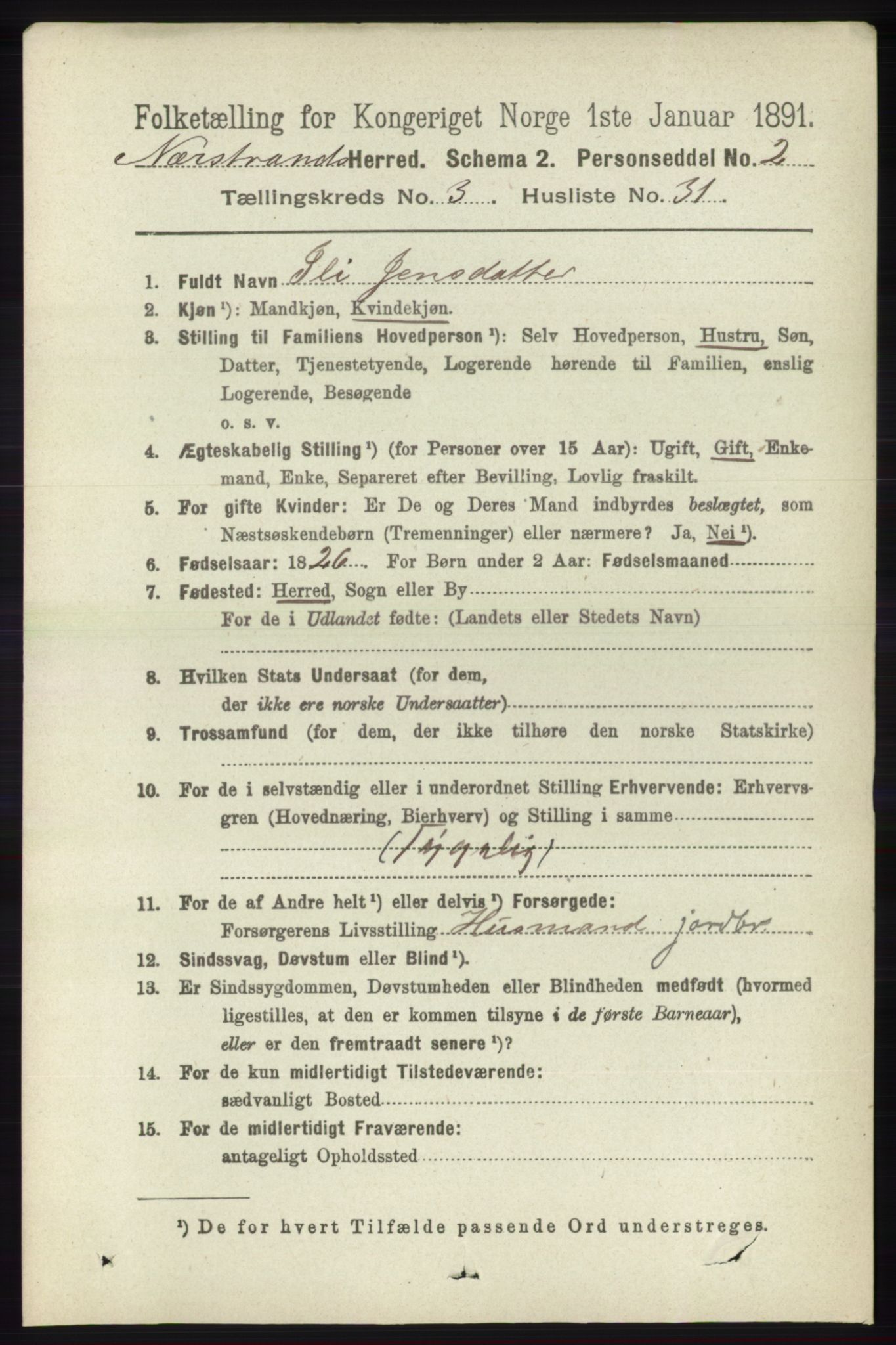 RA, 1891 census for 1139 Nedstrand, 1891, p. 618