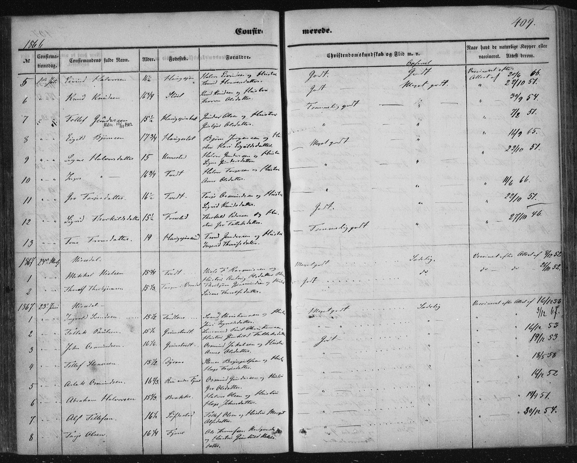 Nissedal kirkebøker, AV/SAKO-A-288/F/Fa/L0003: Parish register (official) no. I 3, 1846-1870, p. 408-409