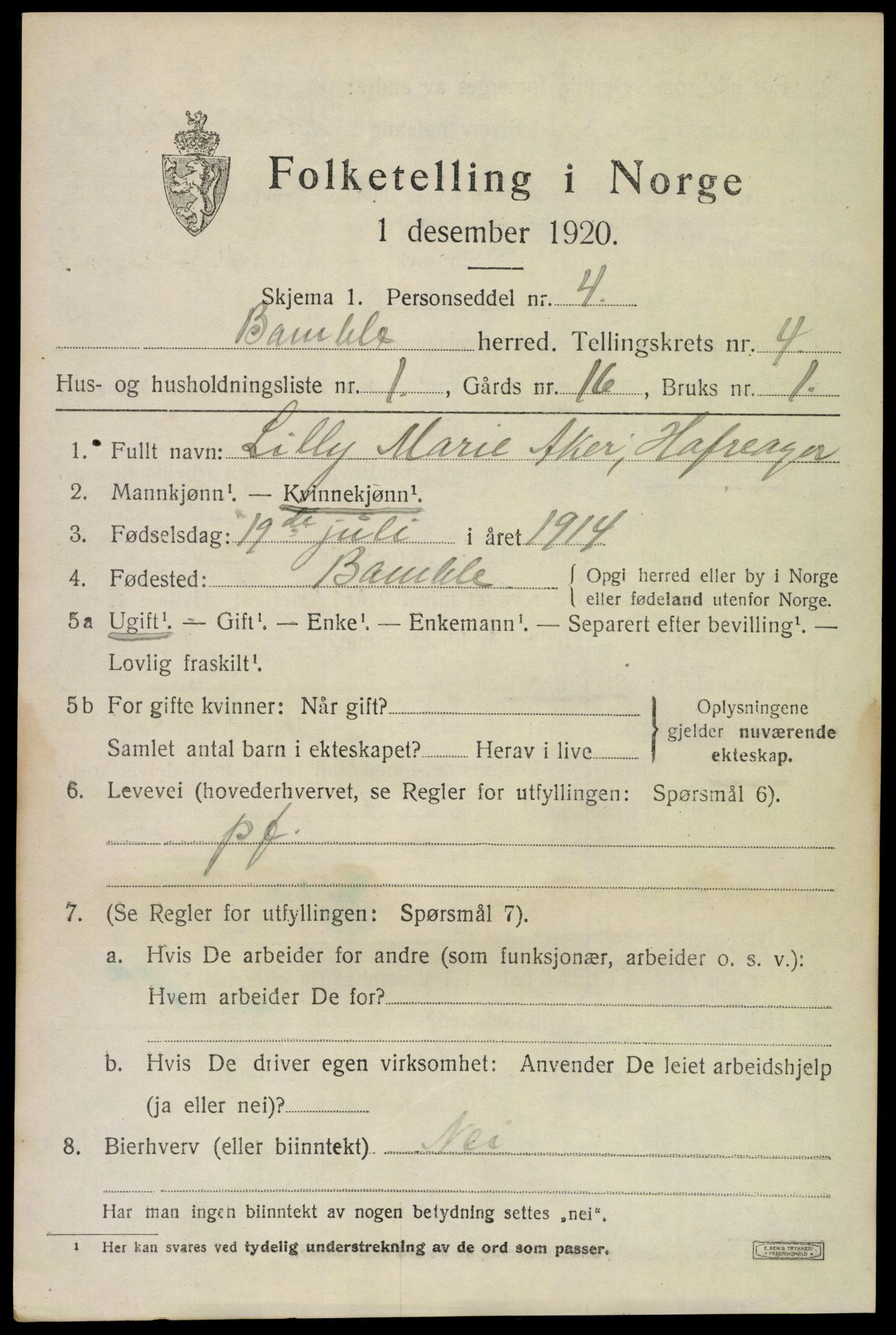 SAKO, 1920 census for Bamble, 1920, p. 4457