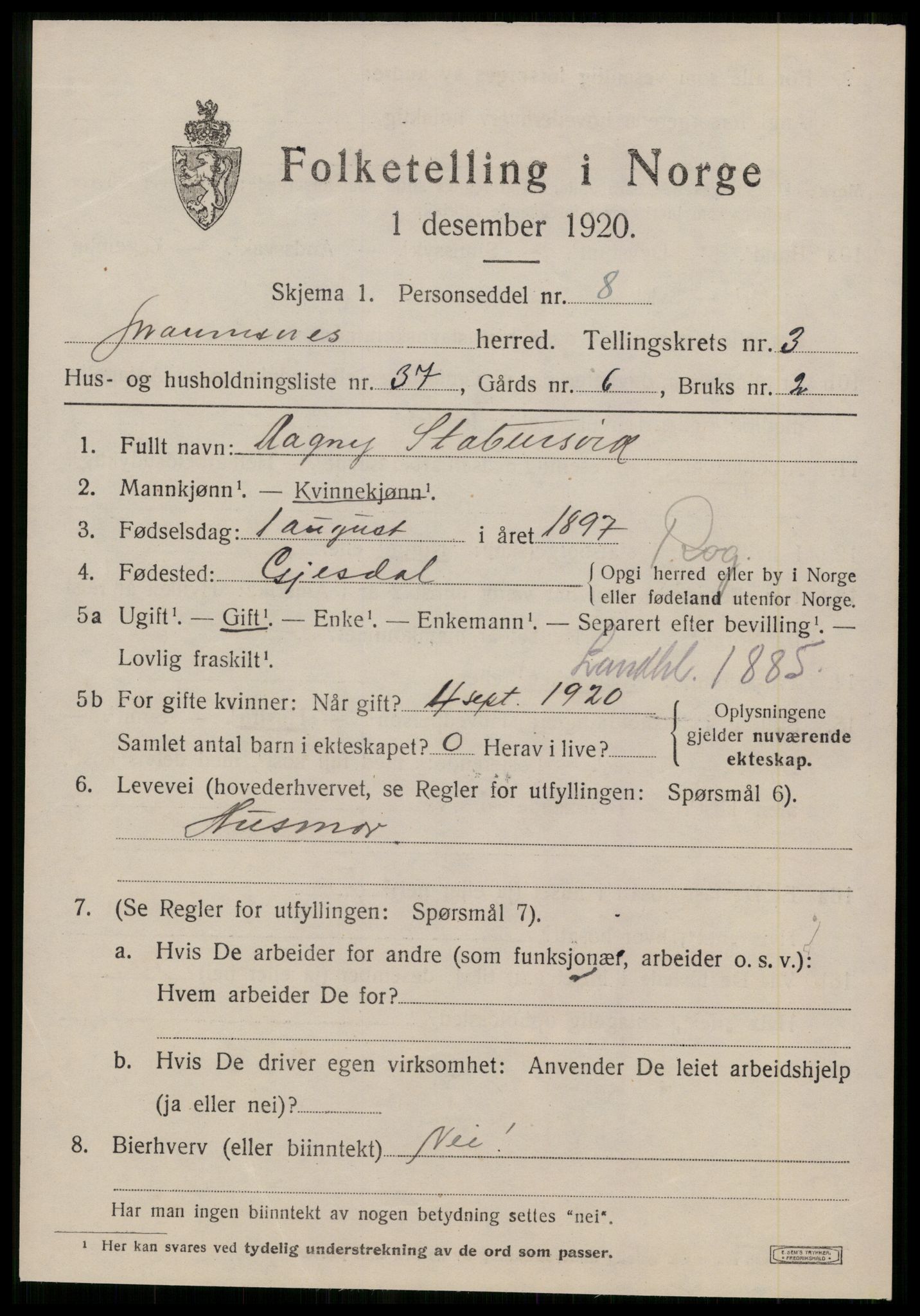 SAT, 1920 census for Straumsnes, 1920, p. 1541