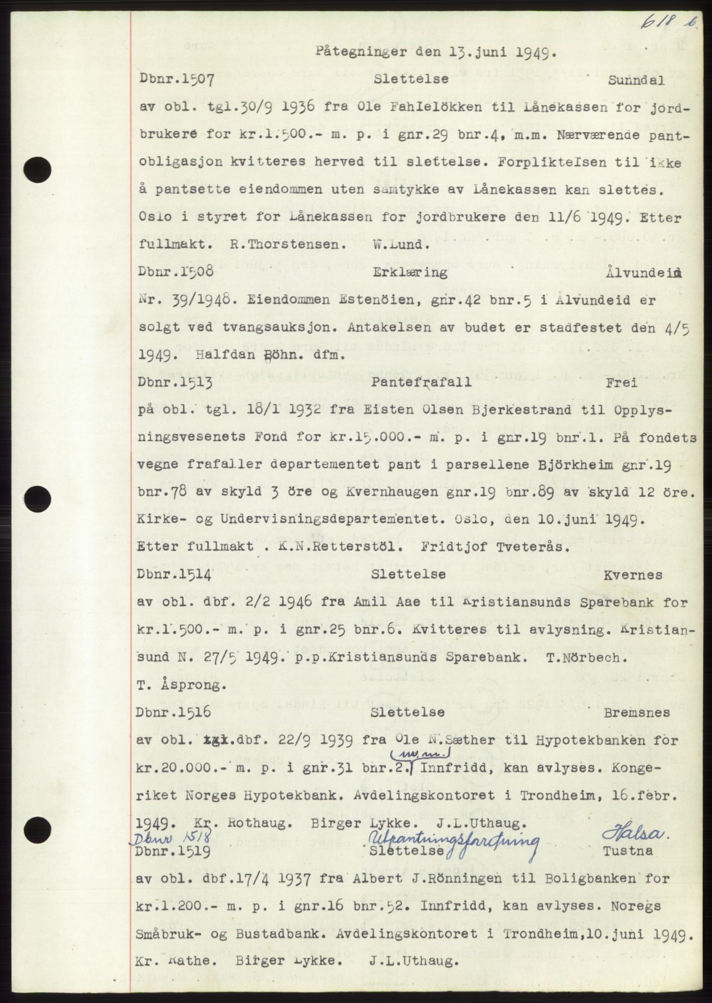 Nordmøre sorenskriveri, AV/SAT-A-4132/1/2/2Ca: Mortgage book no. C82b, 1946-1951, Diary no: : 1507/1949