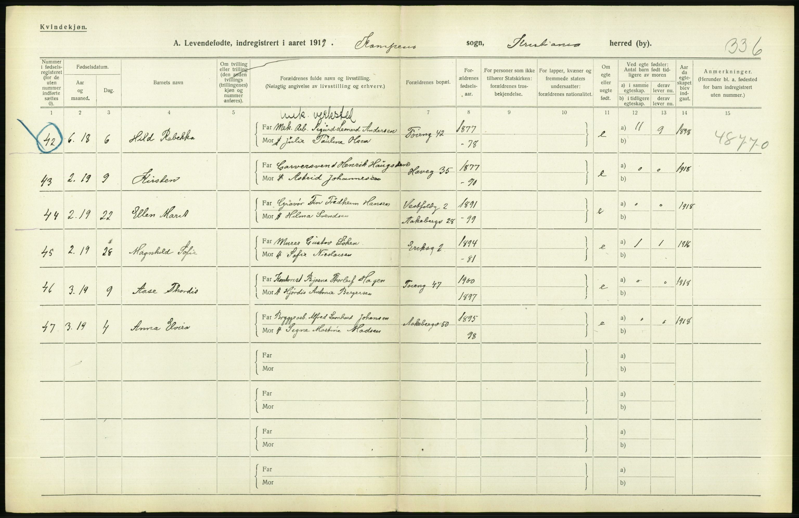 Statistisk sentralbyrå, Sosiodemografiske emner, Befolkning, AV/RA-S-2228/D/Df/Dfb/Dfbi/L0008: Kristiania: Levendefødte menn og kvinner., 1919