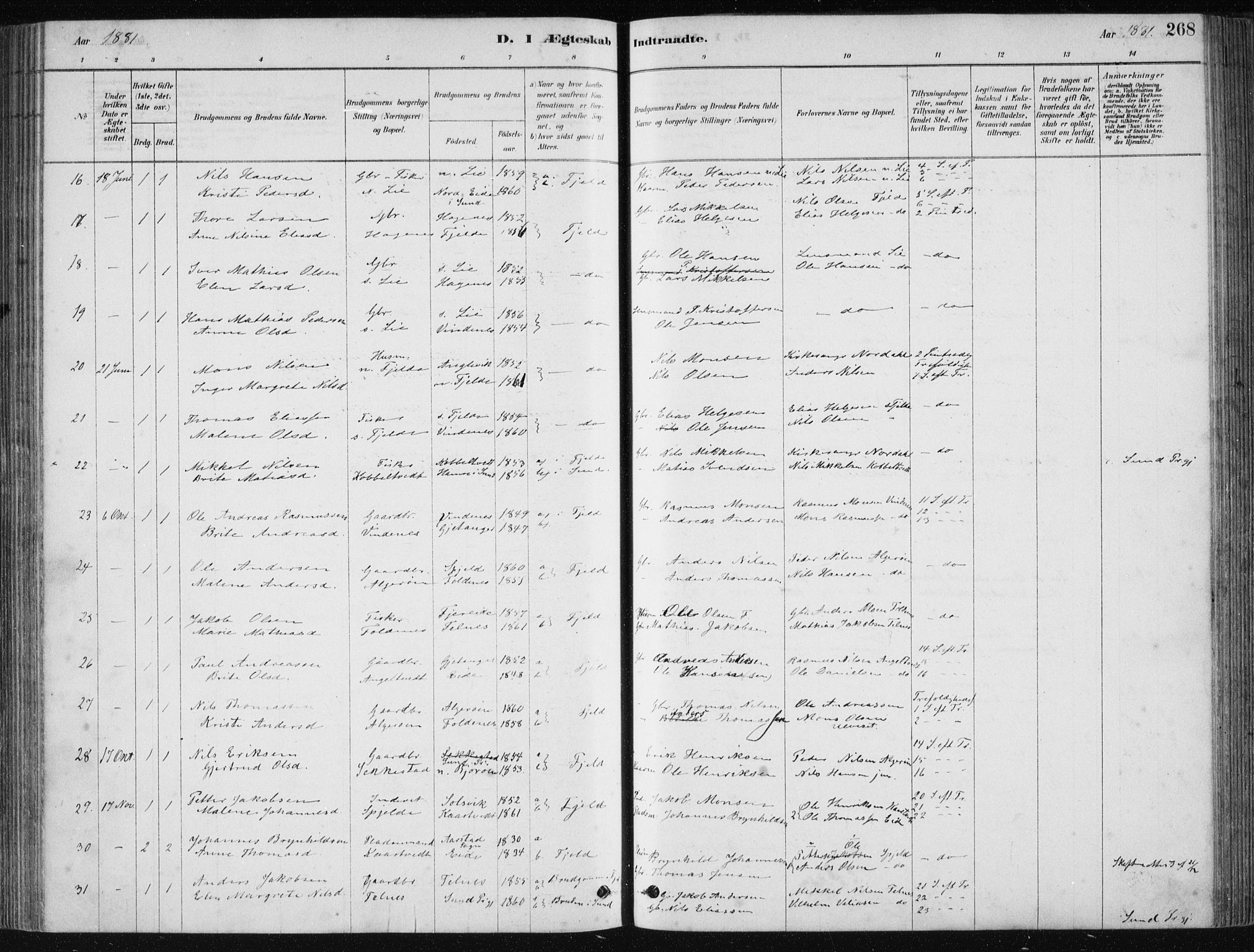 Fjell sokneprestembete, SAB/A-75301/H/Haa: Parish register (official) no. A  8, 1878-1898, p. 268
