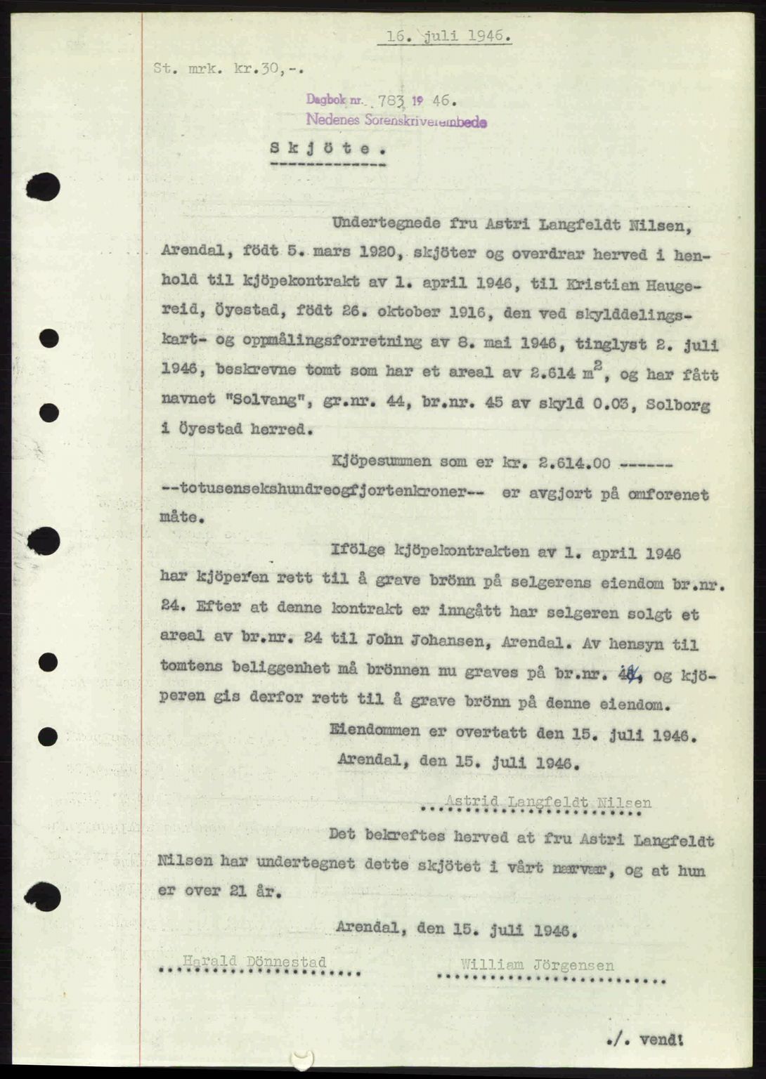 Nedenes sorenskriveri, SAK/1221-0006/G/Gb/Gba/L0055: Mortgage book no. A7, 1946-1946, Diary no: : 783/1946