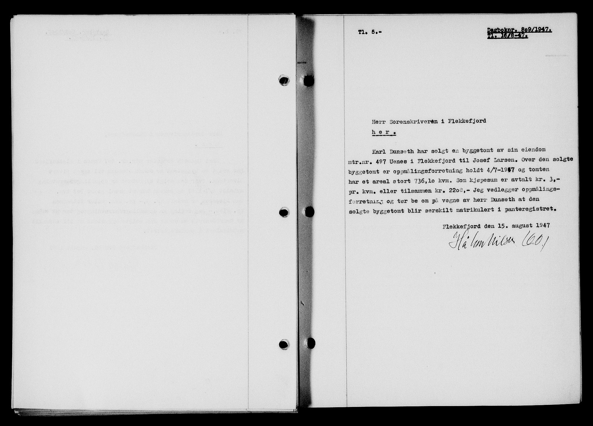 Flekkefjord sorenskriveri, SAK/1221-0001/G/Gb/Gba/L0062: Mortgage book no. A-10, 1947-1947, Diary no: : 809/1947