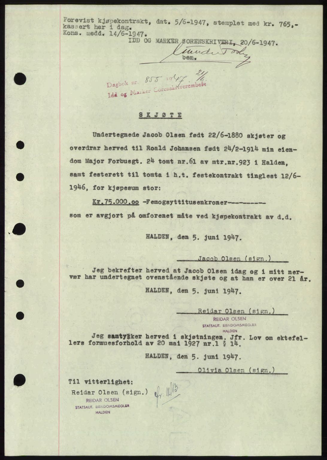 Idd og Marker sorenskriveri, SAO/A-10283/G/Gb/Gbb/L0009: Mortgage book no. A9, 1946-1947, Diary no: : 855/1947
