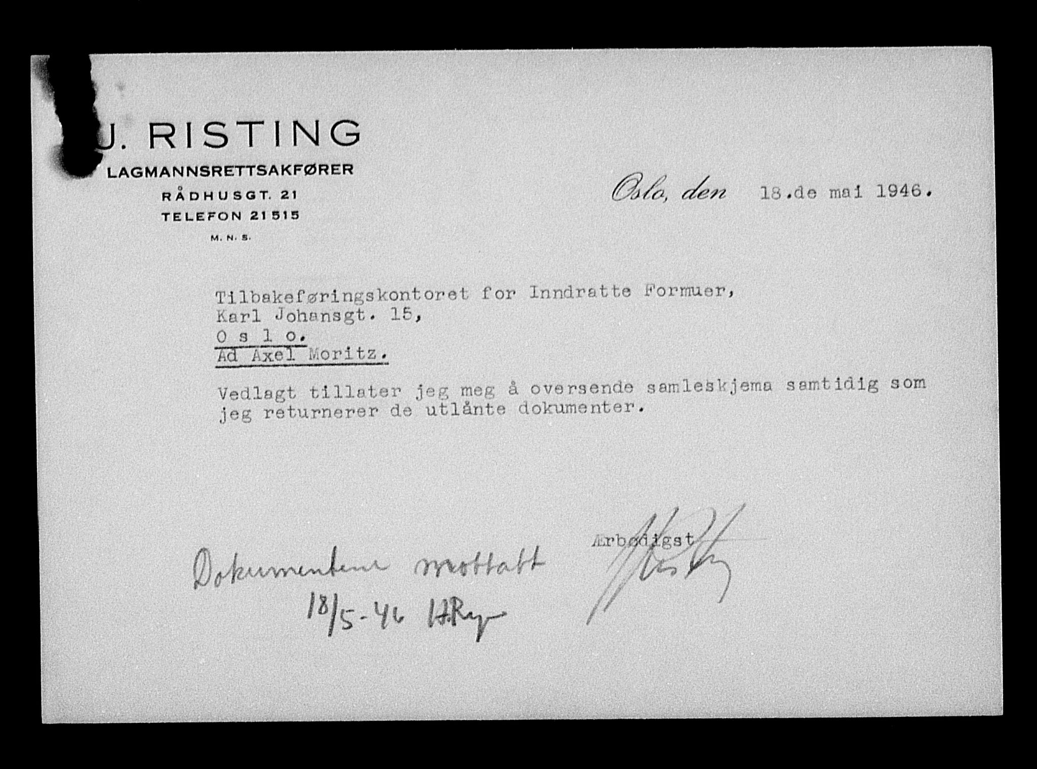 Justisdepartementet, Tilbakeføringskontoret for inndratte formuer, AV/RA-S-1564/H/Hc/Hcc/L0966: --, 1945-1947, p. 8