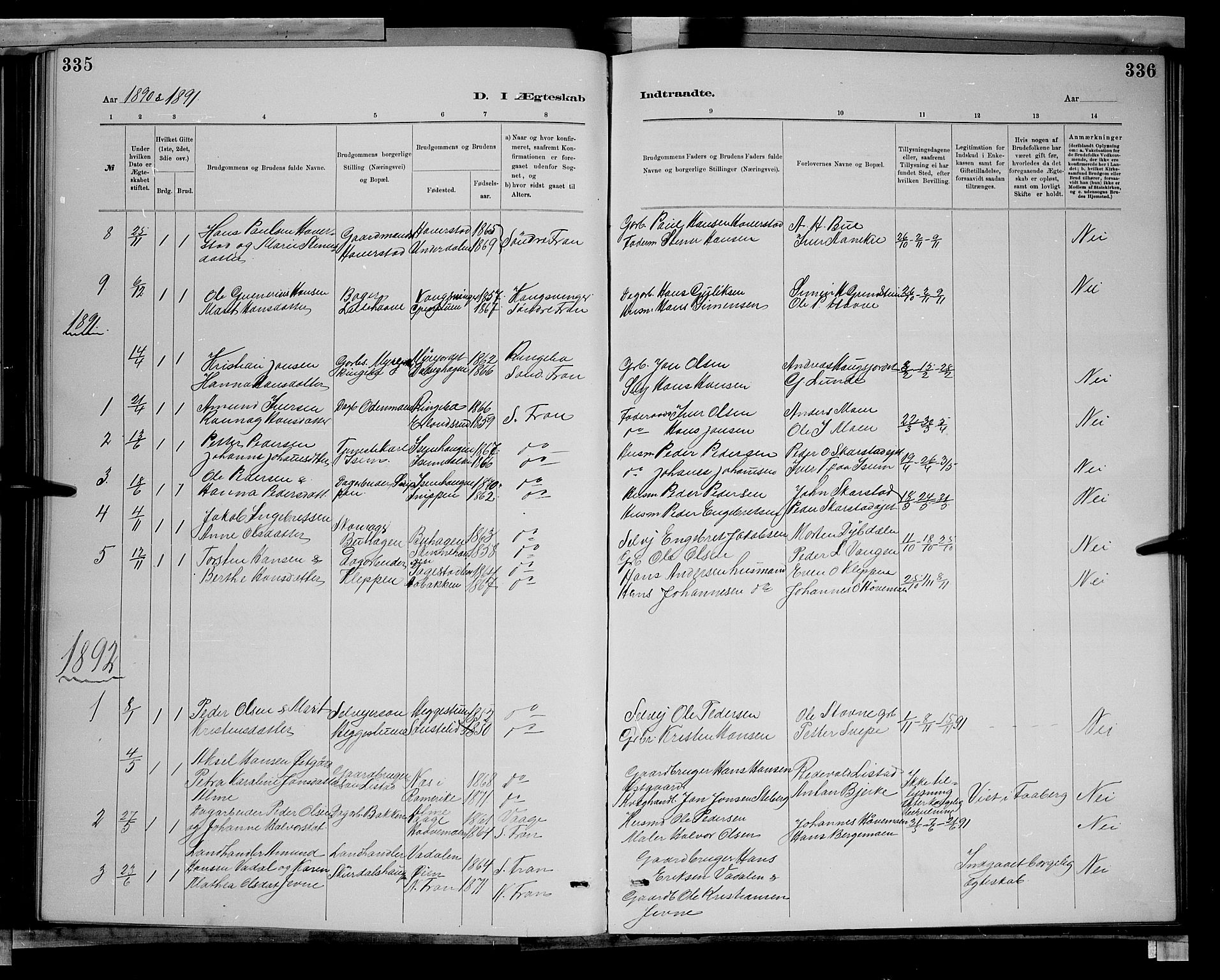 Sør-Fron prestekontor, AV/SAH-PREST-010/H/Ha/Hab/L0003: Parish register (copy) no. 3, 1884-1896, p. 335-336