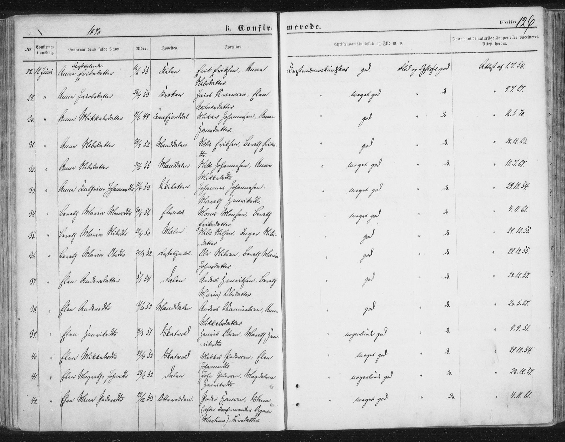 Lyngen sokneprestembete, AV/SATØ-S-1289/H/He/Hea/L0006kirke: Parish register (official) no. 6, 1870-1878, p. 126