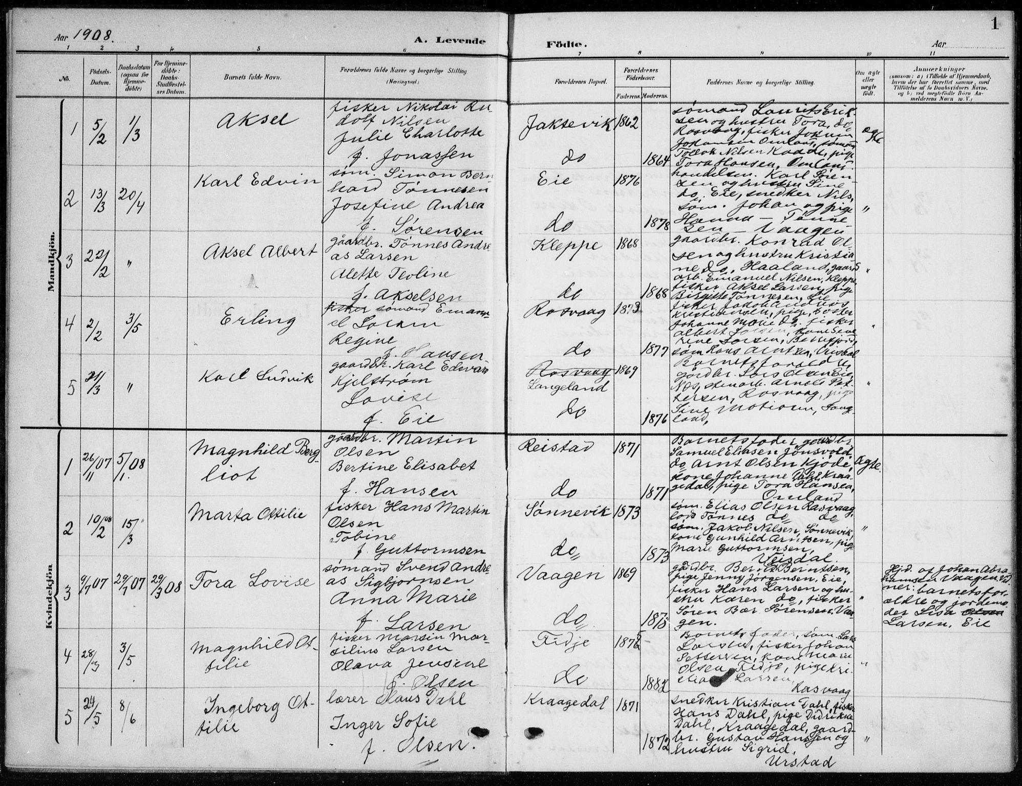 Flekkefjord sokneprestkontor, AV/SAK-1111-0012/F/Fb/Fbb/L0005: Parish register (copy) no. B 5, 1908-1927, p. 1
