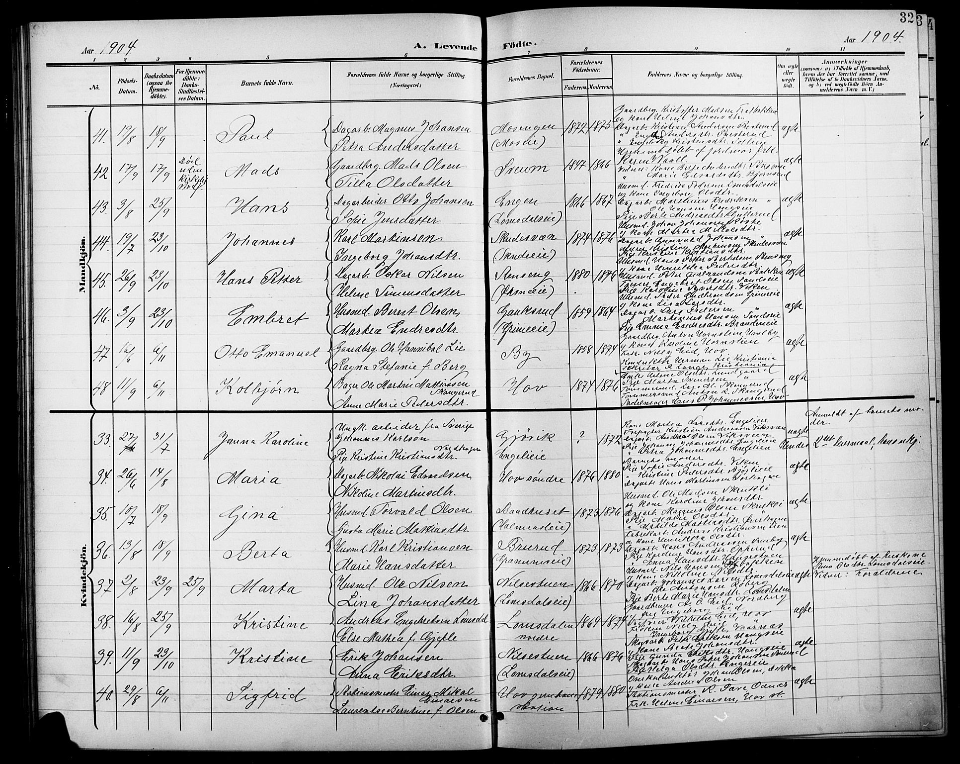 Søndre Land prestekontor, AV/SAH-PREST-122/L/L0004: Parish register (copy) no. 4, 1901-1915, p. 32