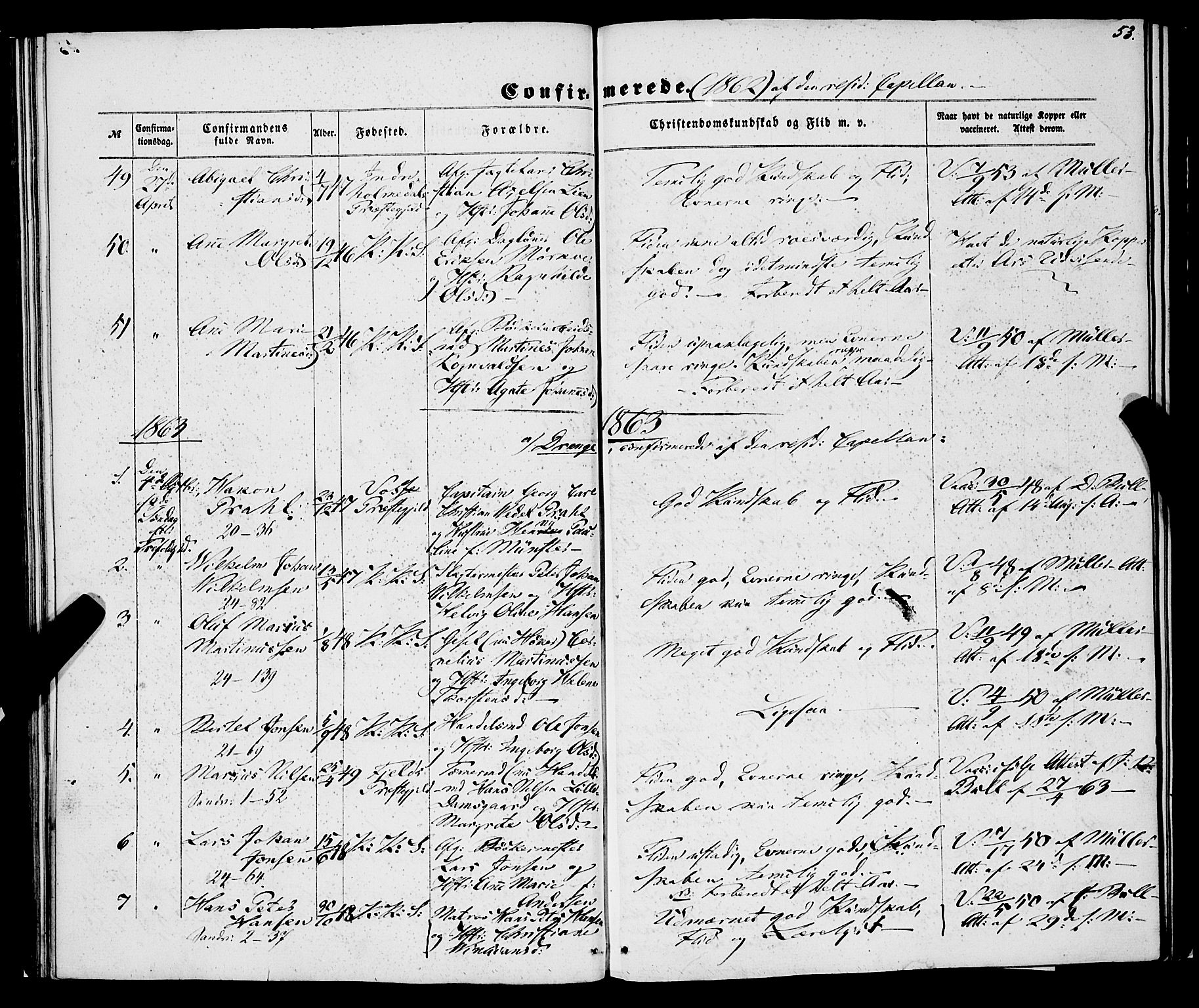 Korskirken sokneprestembete, AV/SAB-A-76101/H/Haa/L0069: Curate's parish register no. A 4, 1856-1869, p. 53