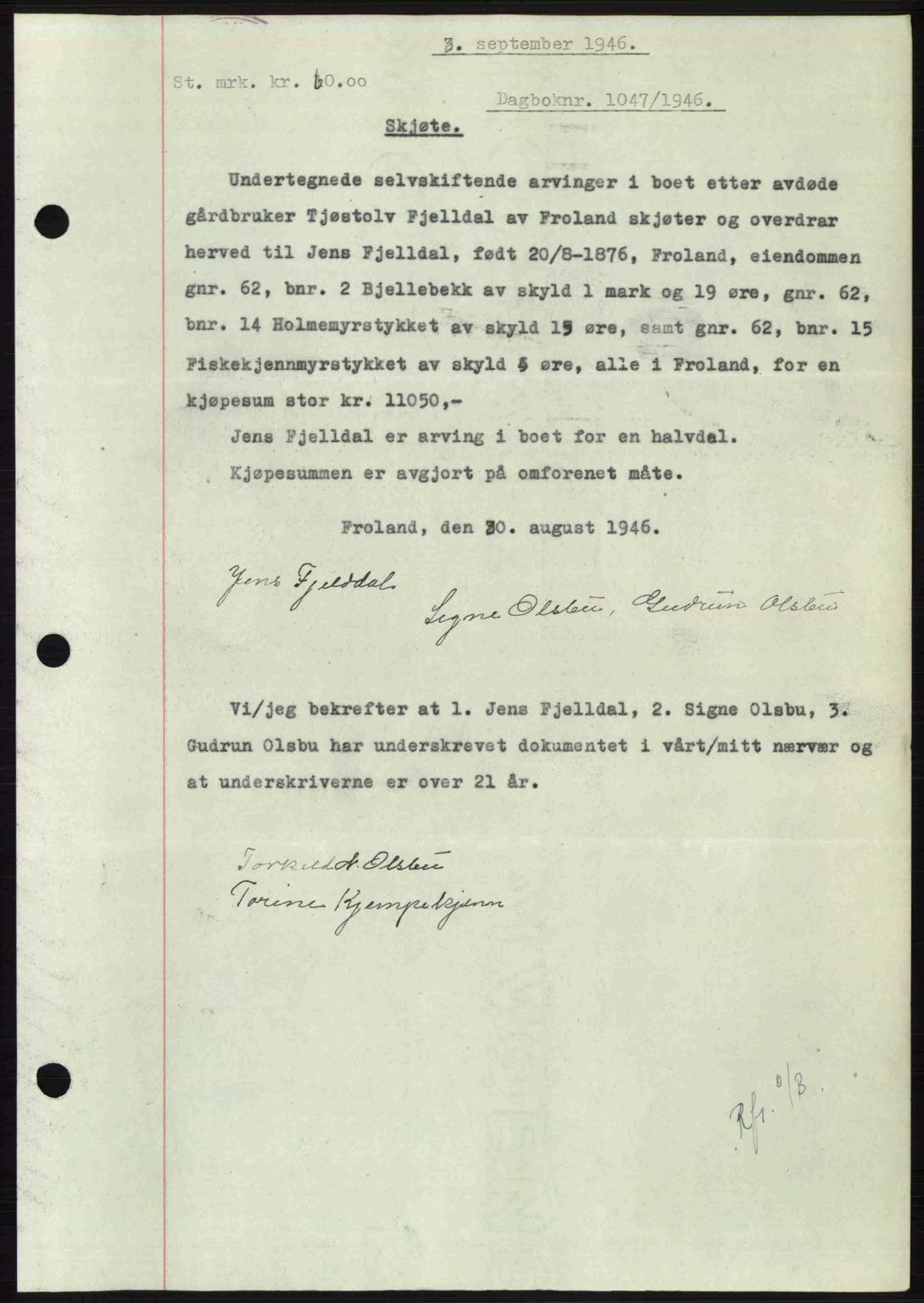 Nedenes sorenskriveri, AV/SAK-1221-0006/G/Gb/Gba/L0056: Mortgage book no. A8, 1946-1947, Diary no: : 1047/1946