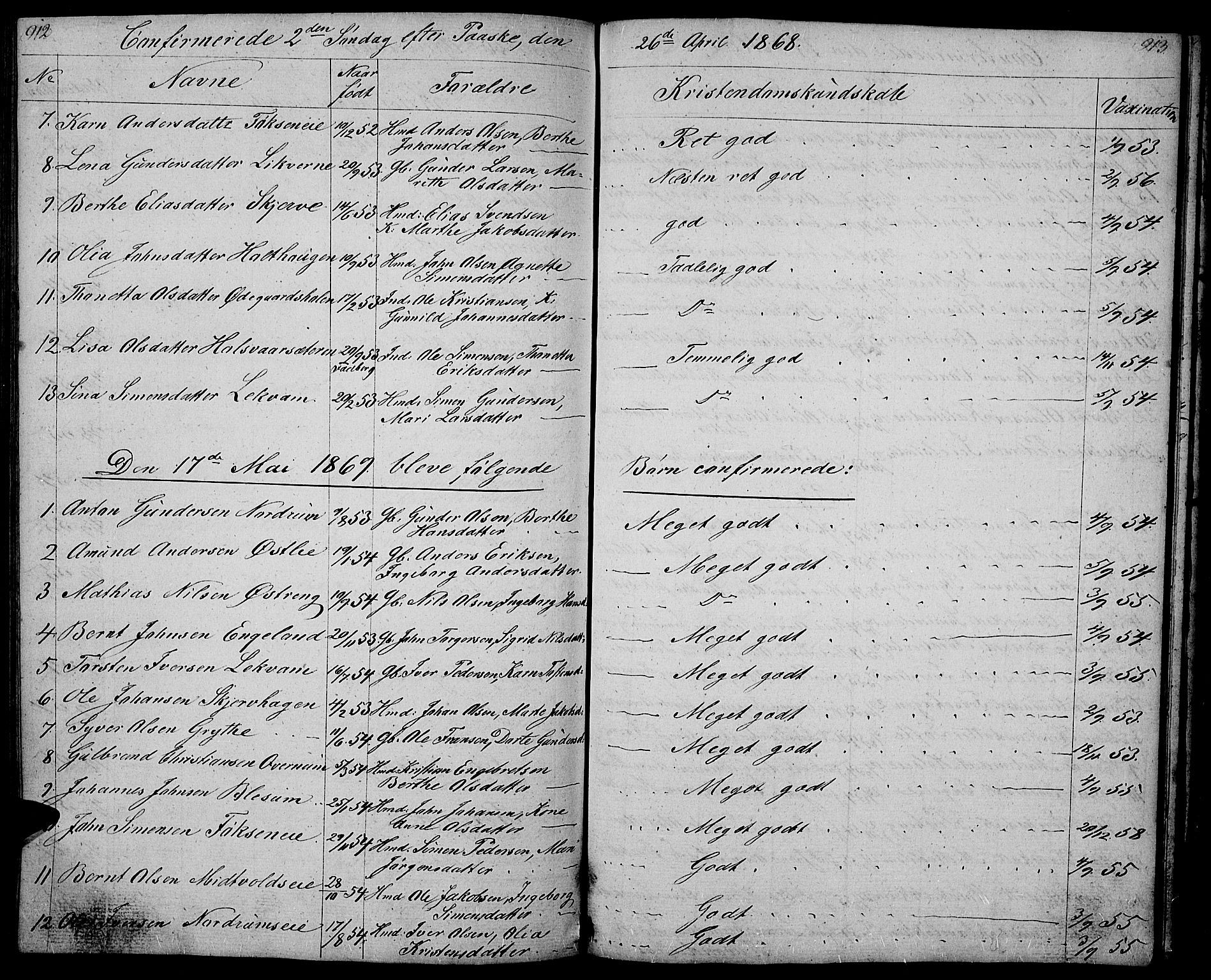 Gausdal prestekontor, SAH/PREST-090/H/Ha/Hab/L0004: Parish register (copy) no. 4, 1835-1870, p. 912-913