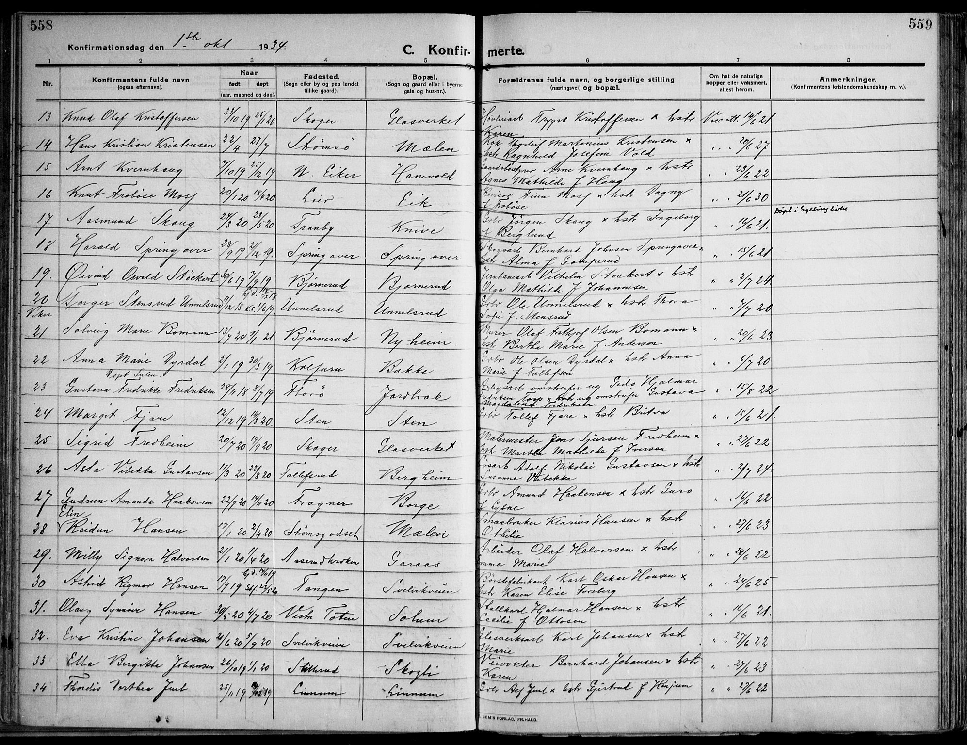 Skoger kirkebøker, AV/SAKO-A-59/F/Fa/L0007: Parish register (official) no. I 7, 1911-1936, p. 558-559