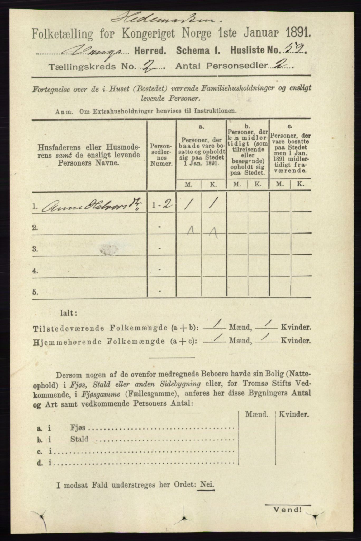 RA, 1891 census for 0414 Vang, 1891, p. 989