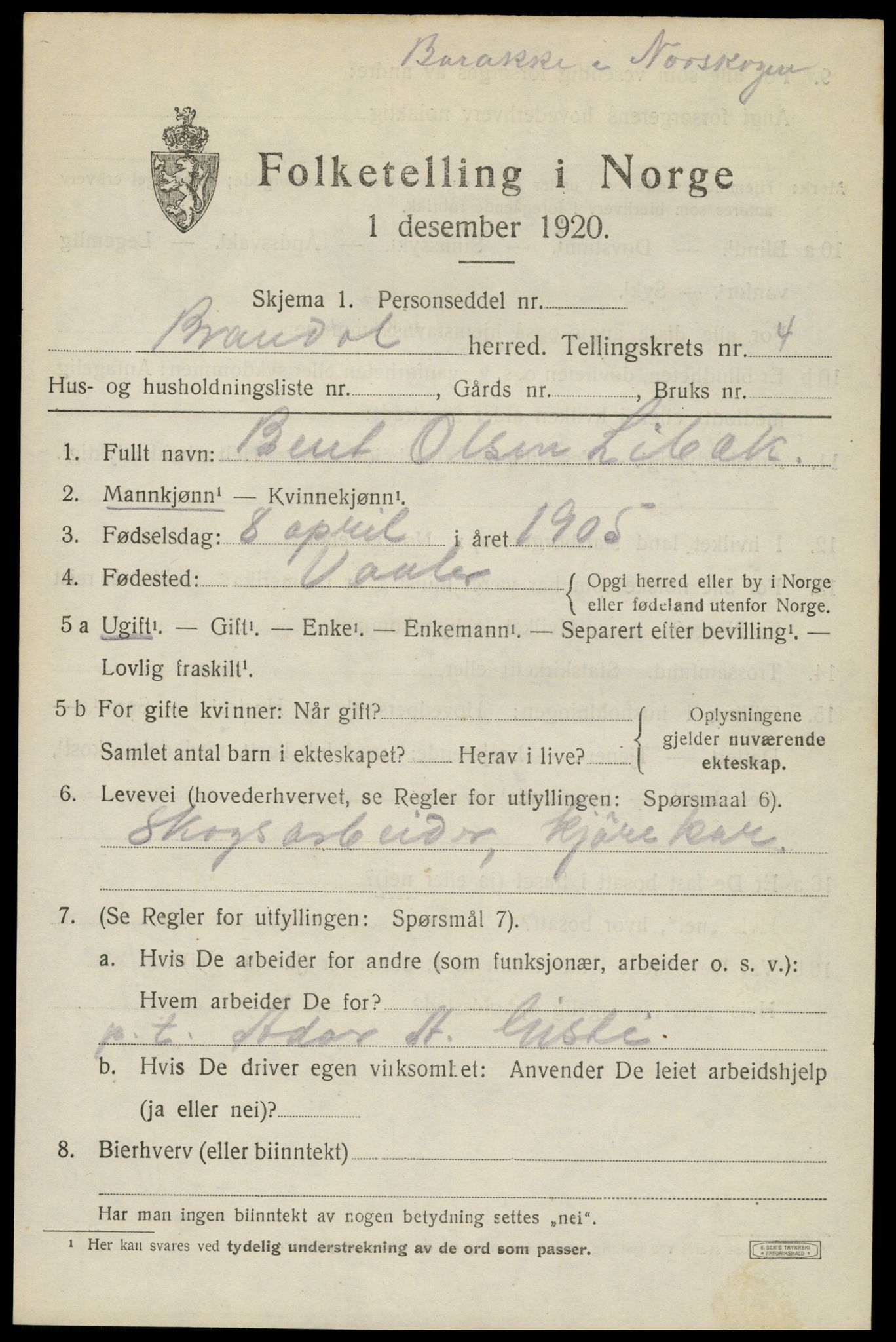 SAH, 1920 census for Brandval, 1920, p. 4362