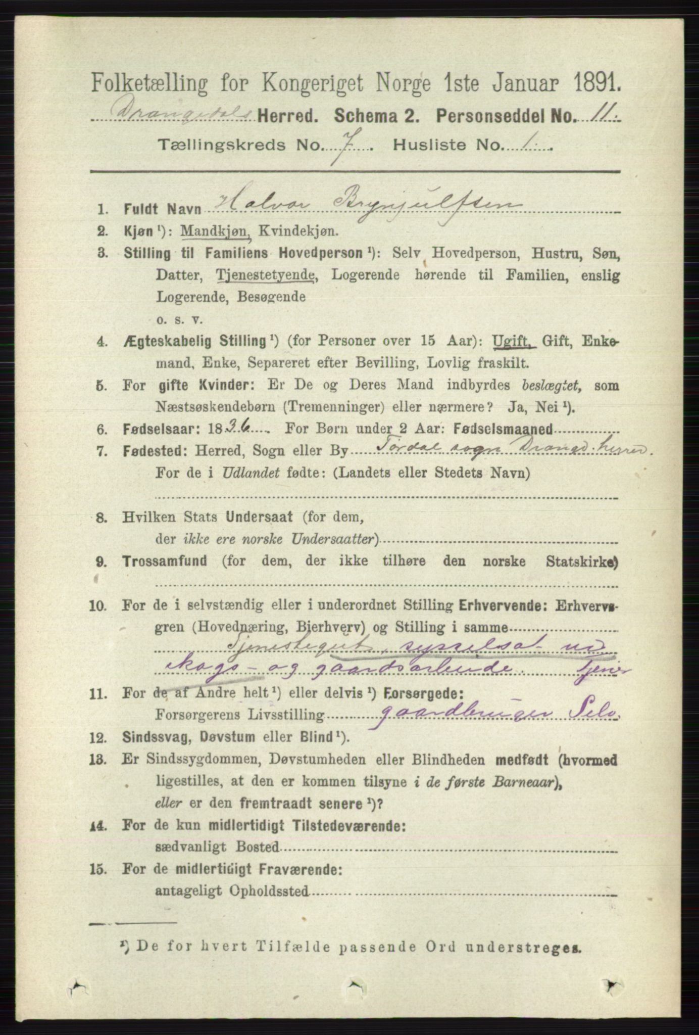 RA, 1891 census for 0817 Drangedal, 1891, p. 2406