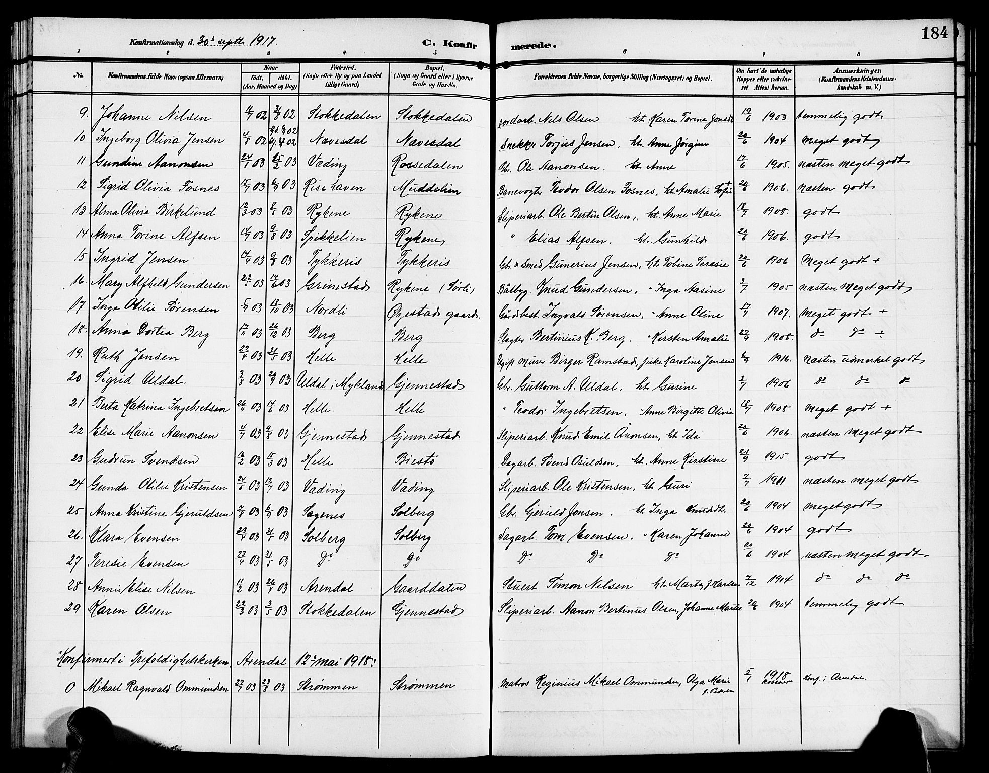 Øyestad sokneprestkontor, AV/SAK-1111-0049/F/Fb/L0011: Parish register (copy) no. B 11, 1906-1918, p. 184