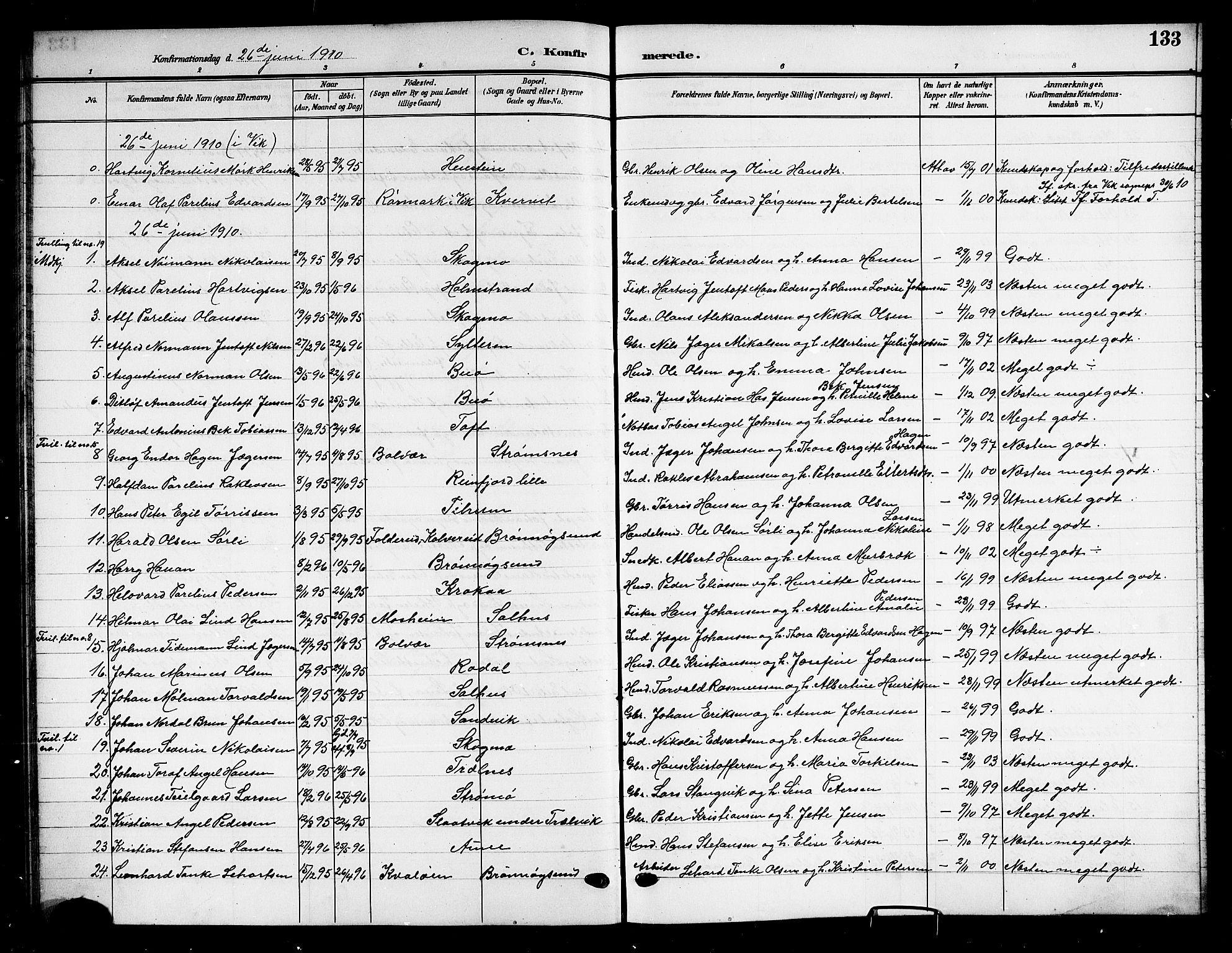 Ministerialprotokoller, klokkerbøker og fødselsregistre - Nordland, SAT/A-1459/813/L0214: Parish register (copy) no. 813C06, 1904-1917, p. 133