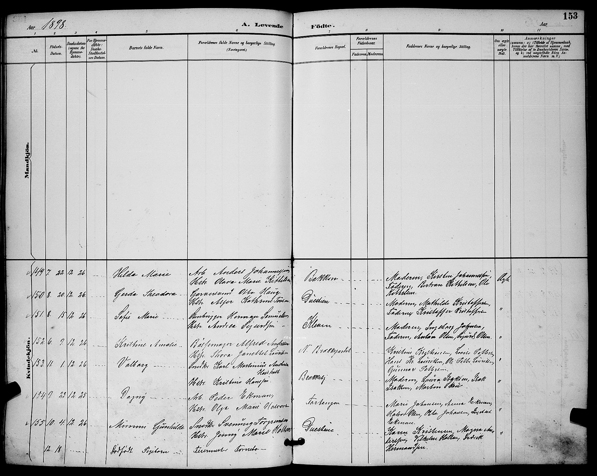 Skien kirkebøker, AV/SAKO-A-302/G/Ga/L0007: Parish register (copy) no. 7, 1891-1900, p. 153