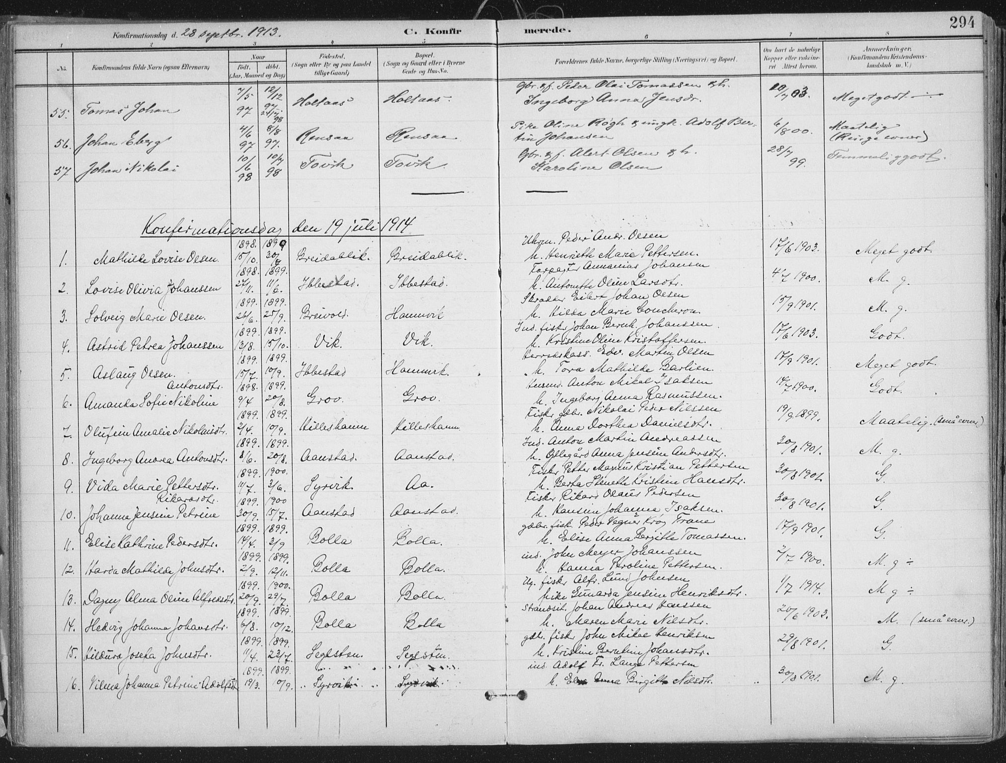 Ibestad sokneprestembete, SATØ/S-0077/H/Ha/Haa/L0017kirke: Parish register (official) no. 17, 1901-1914, p. 294