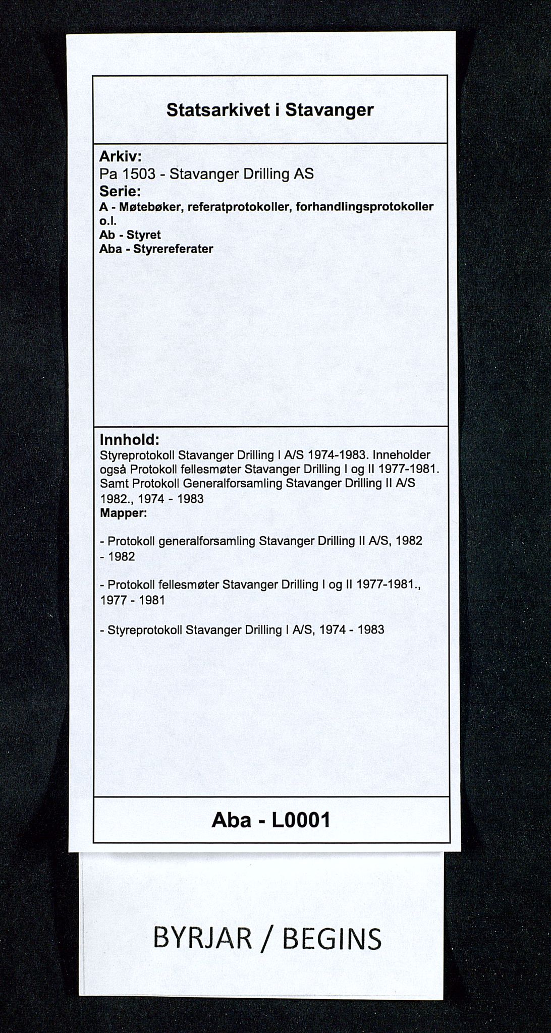 Pa 1503 - Stavanger Drilling AS, AV/SAST-A-101906/A/Ab/Aba/L0001: Styreprotokoll Stavanger Drilling I A/S 1974-1983. Inneholder også Protokoll fellesmøter Stavanger Drilling I og II 1977-1981. Samt Protokoll Generalforsamling Stavanger Drilling II A/S 1982., 1974-1983, p. 1
