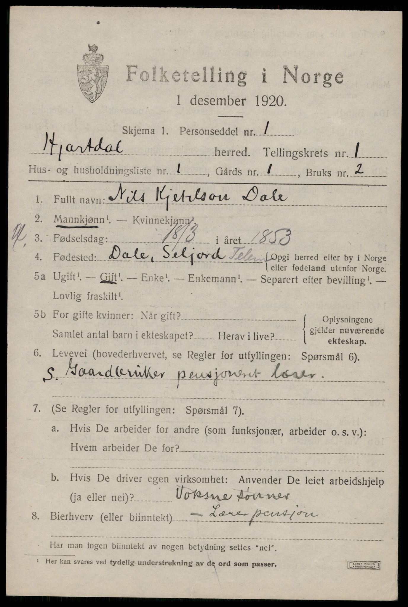 SAKO, 1920 census for Hjartdal, 1920, p. 938