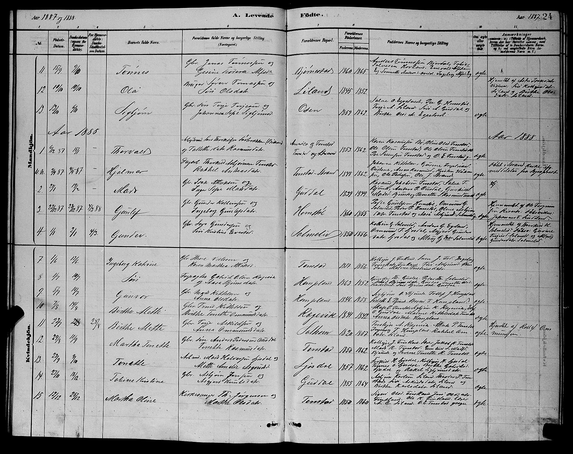 Sirdal sokneprestkontor, SAK/1111-0036/F/Fb/Fbb/L0003: Parish register (copy) no. B 3, 1878-1894, p. 24