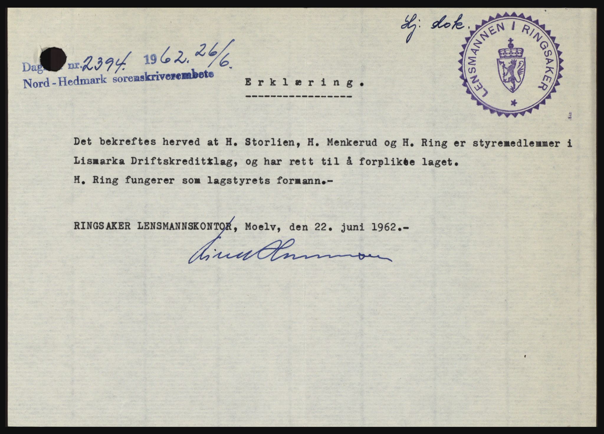 Nord-Hedmark sorenskriveri, AV/SAH-TING-012/H/Hc/L0016: Mortgage book no. 16, 1962-1962, Diary no: : 2394/1962