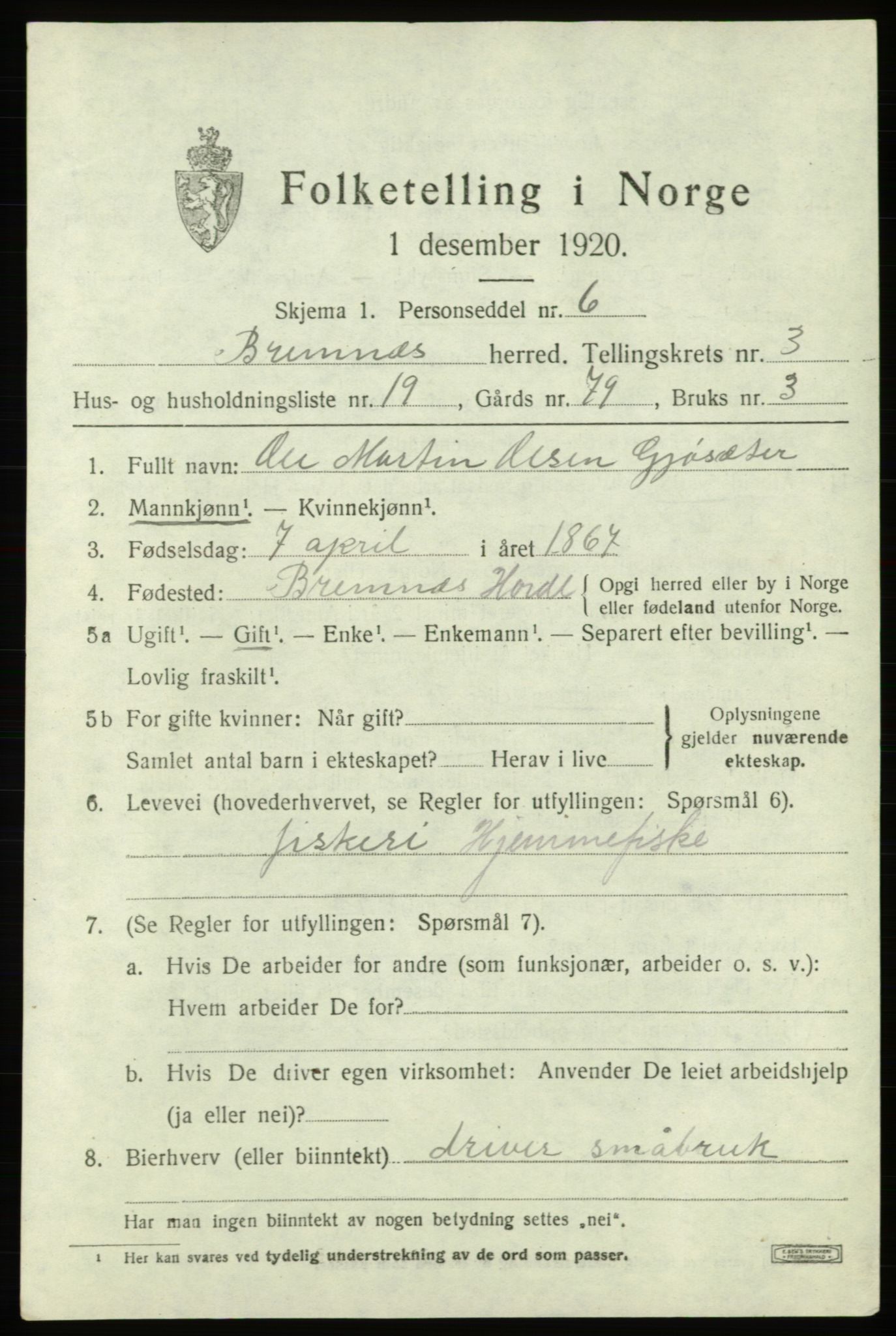 SAB, 1920 census for Bremnes, 1920, p. 1798