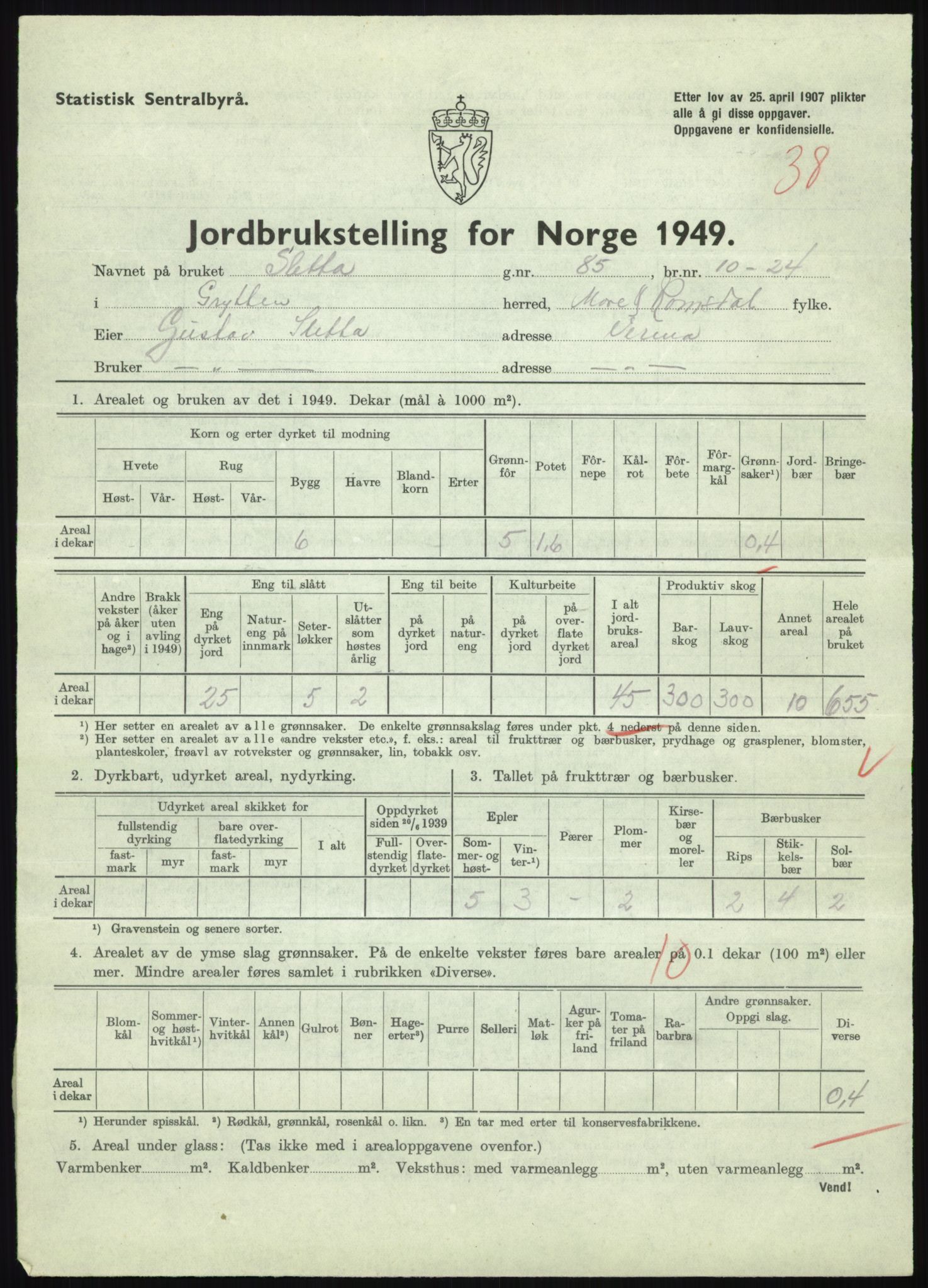 Statistisk sentralbyrå, Næringsøkonomiske emner, Jordbruk, skogbruk, jakt, fiske og fangst, AV/RA-S-2234/G/Gc/L0323: Møre og Romsdal: Grytten og Hen, 1949, p. 231