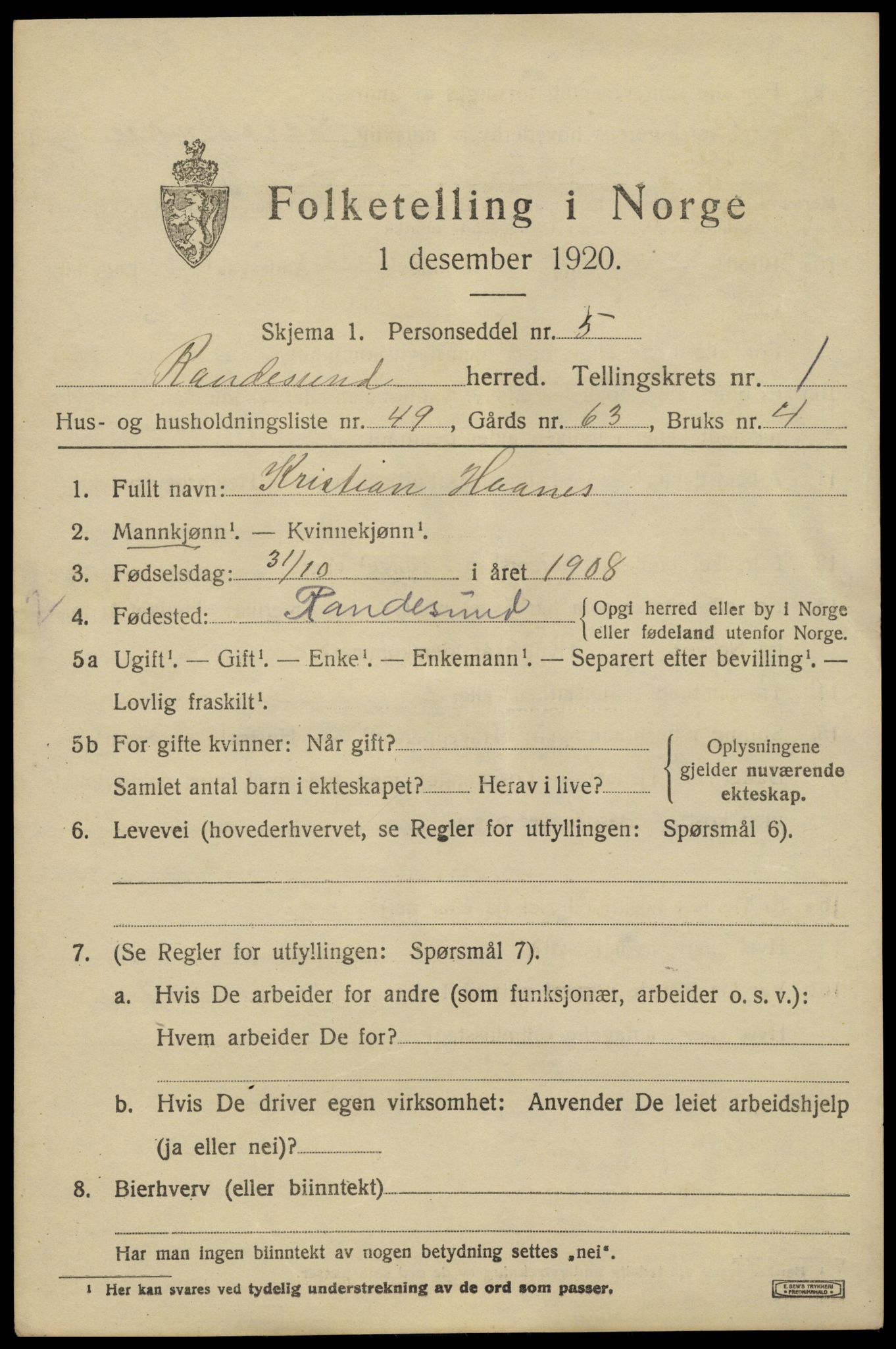 SAK, 1920 census for Randesund, 1920, p. 1068