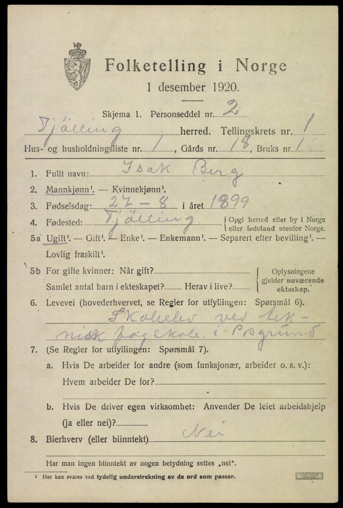 SAKO, 1920 census for Tjølling, 1920, p. 1545