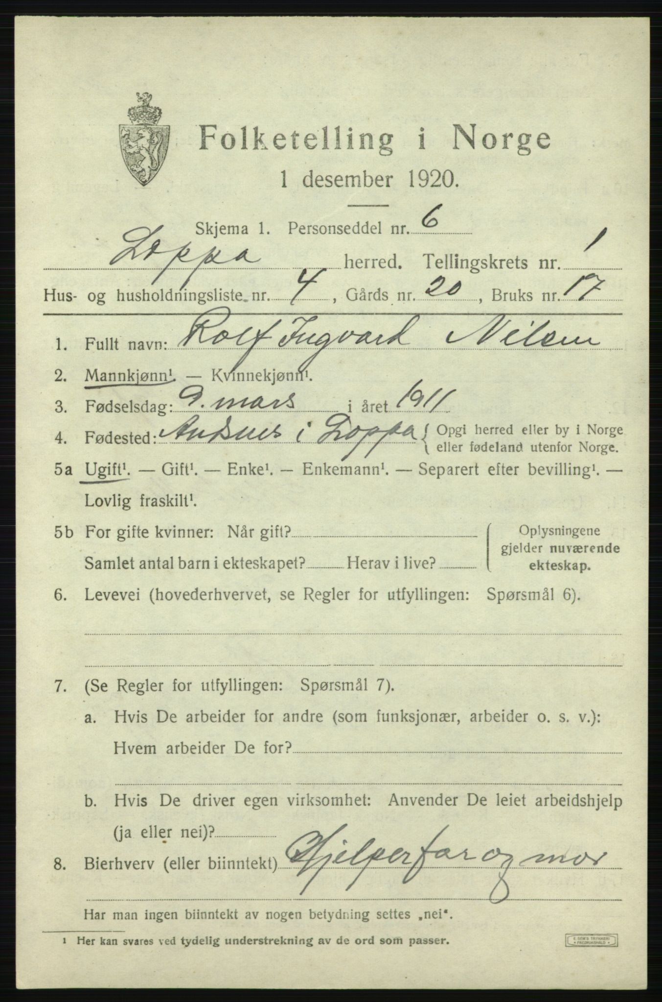 SATØ, 1920 census for Loppa, 1920, p. 676