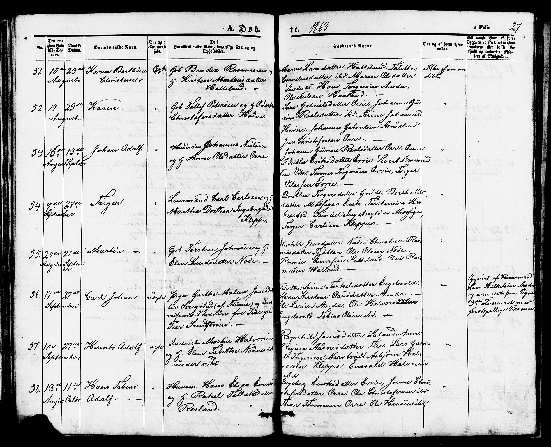 Klepp sokneprestkontor, AV/SAST-A-101803/001/3/30BB/L0002: Parish register (copy) no. B 2, 1860-1875, p. 27