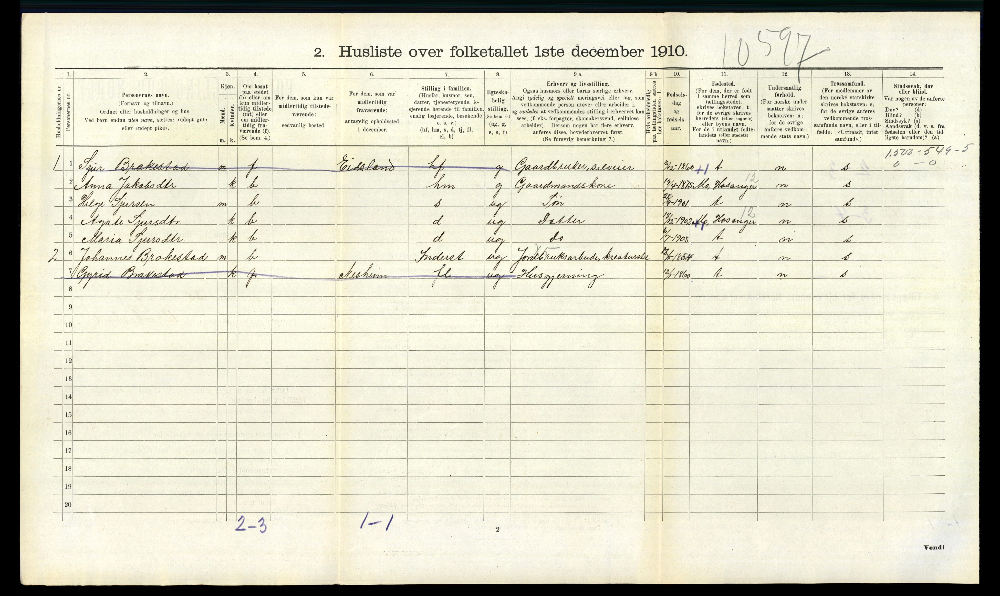 RA, 1910 census for Evanger, 1910, p. 356