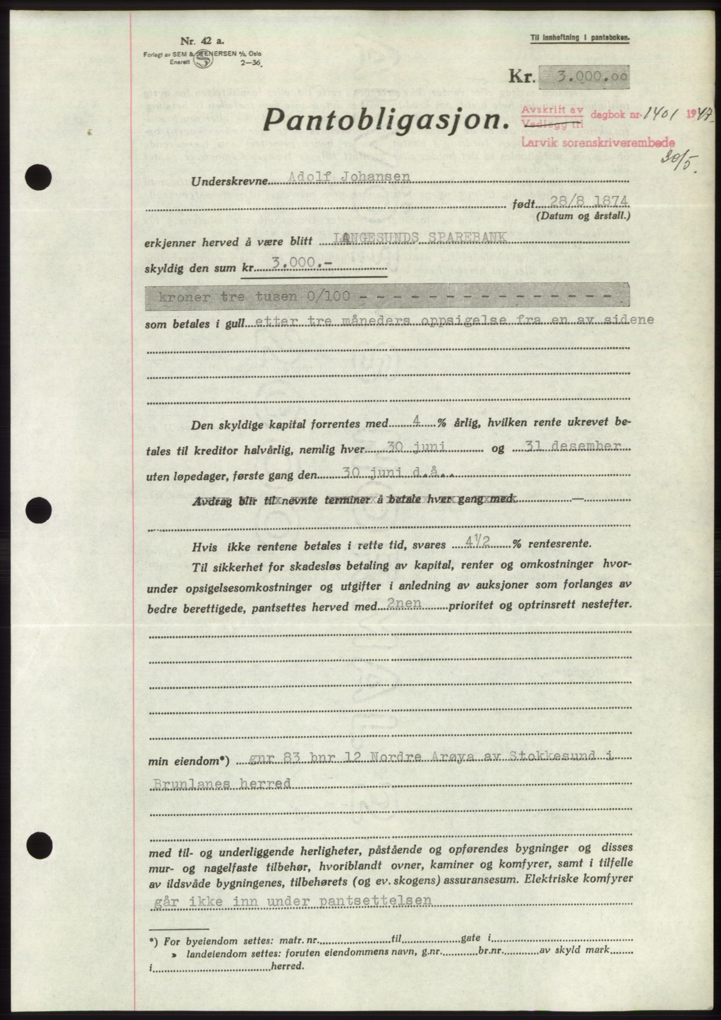 Larvik sorenskriveri, AV/SAKO-A-83/G/Ga/Gac/L0012: Mortgage book no. B-12, 1947-1947, Diary no: : 1401/1947