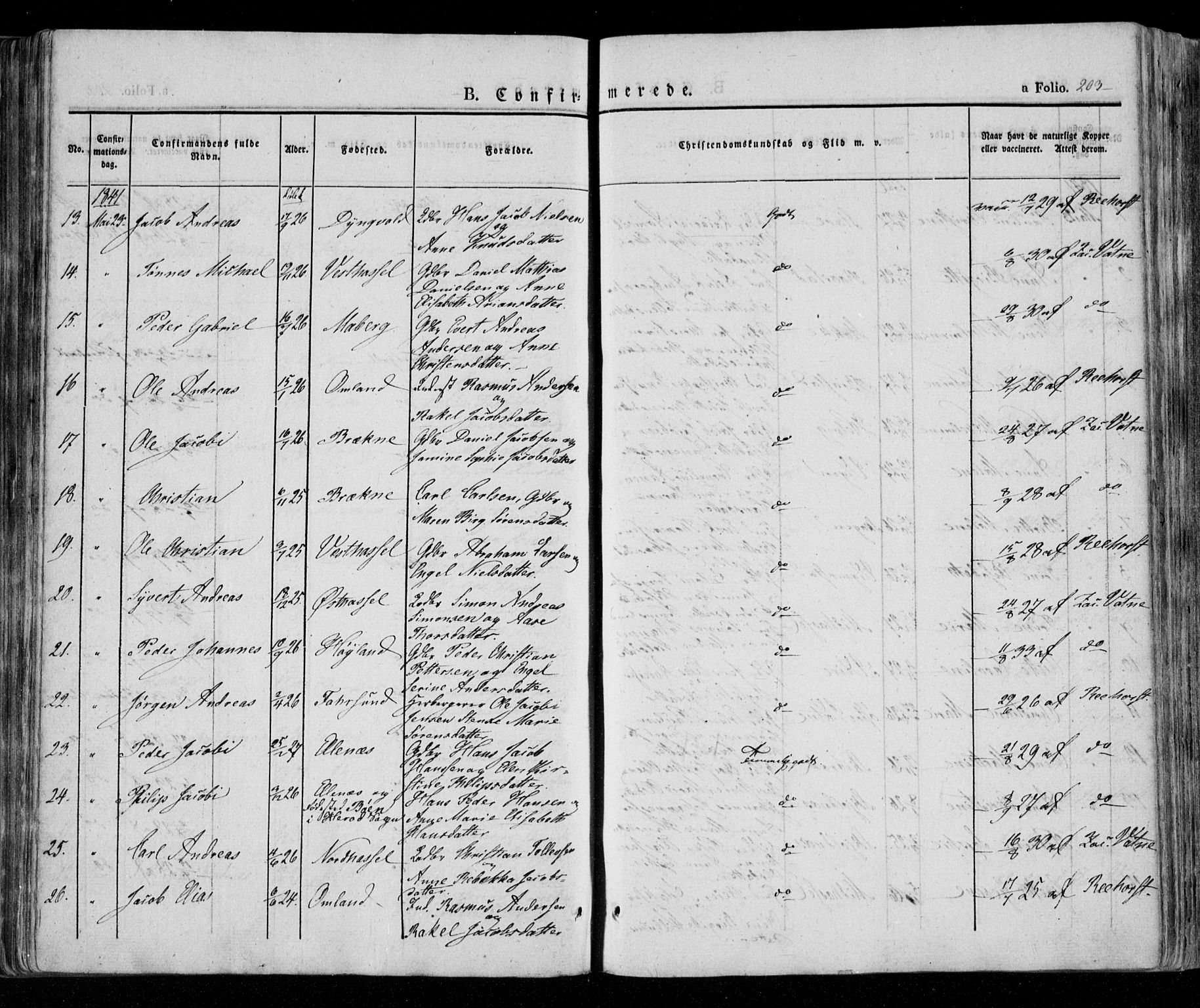 Lista sokneprestkontor, AV/SAK-1111-0027/F/Fa/L0009: Parish register (official) no. A 9, 1835-1846, p. 203