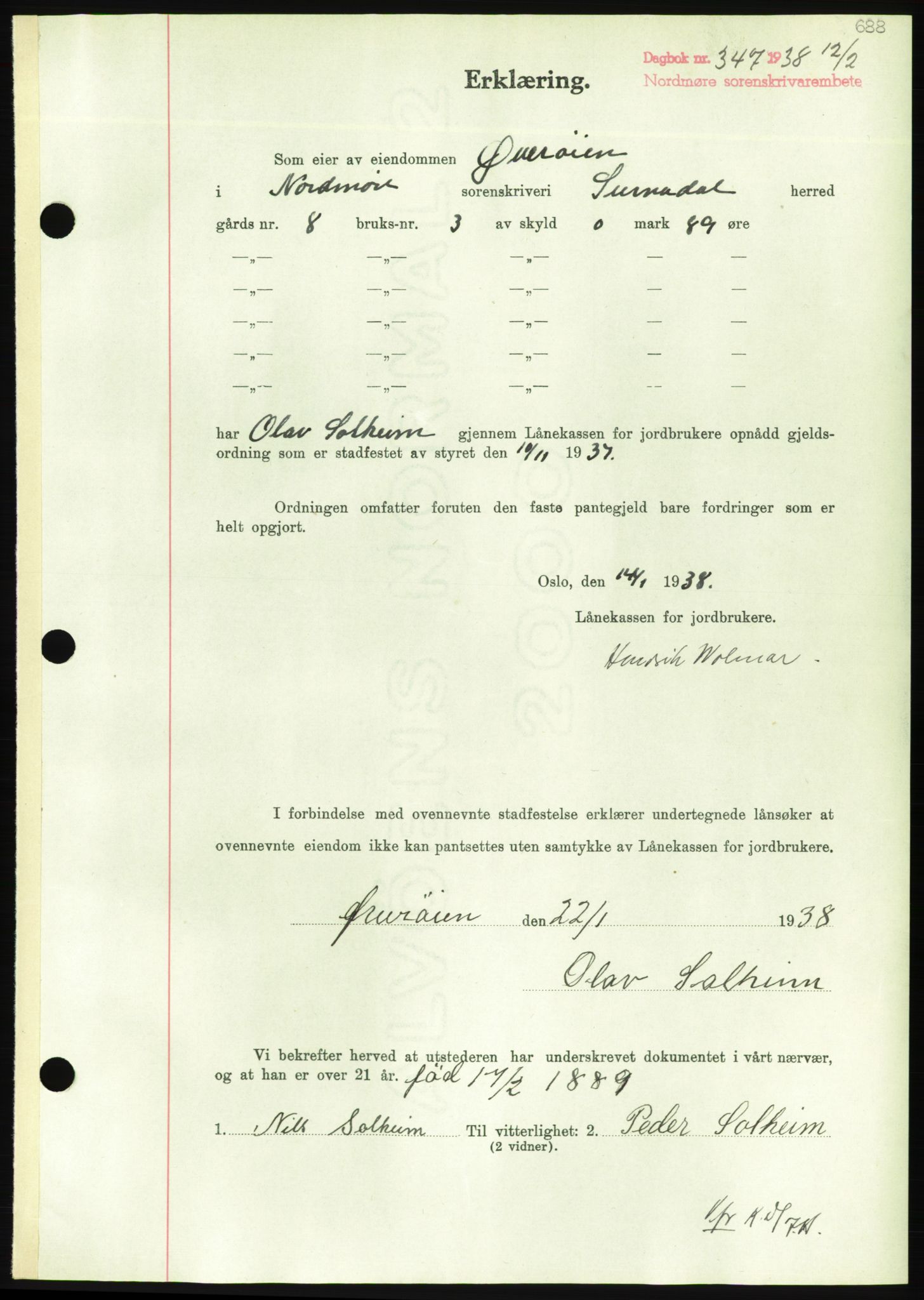 Nordmøre sorenskriveri, AV/SAT-A-4132/1/2/2Ca/L0092: Mortgage book no. B82, 1937-1938, Diary no: : 347/1938