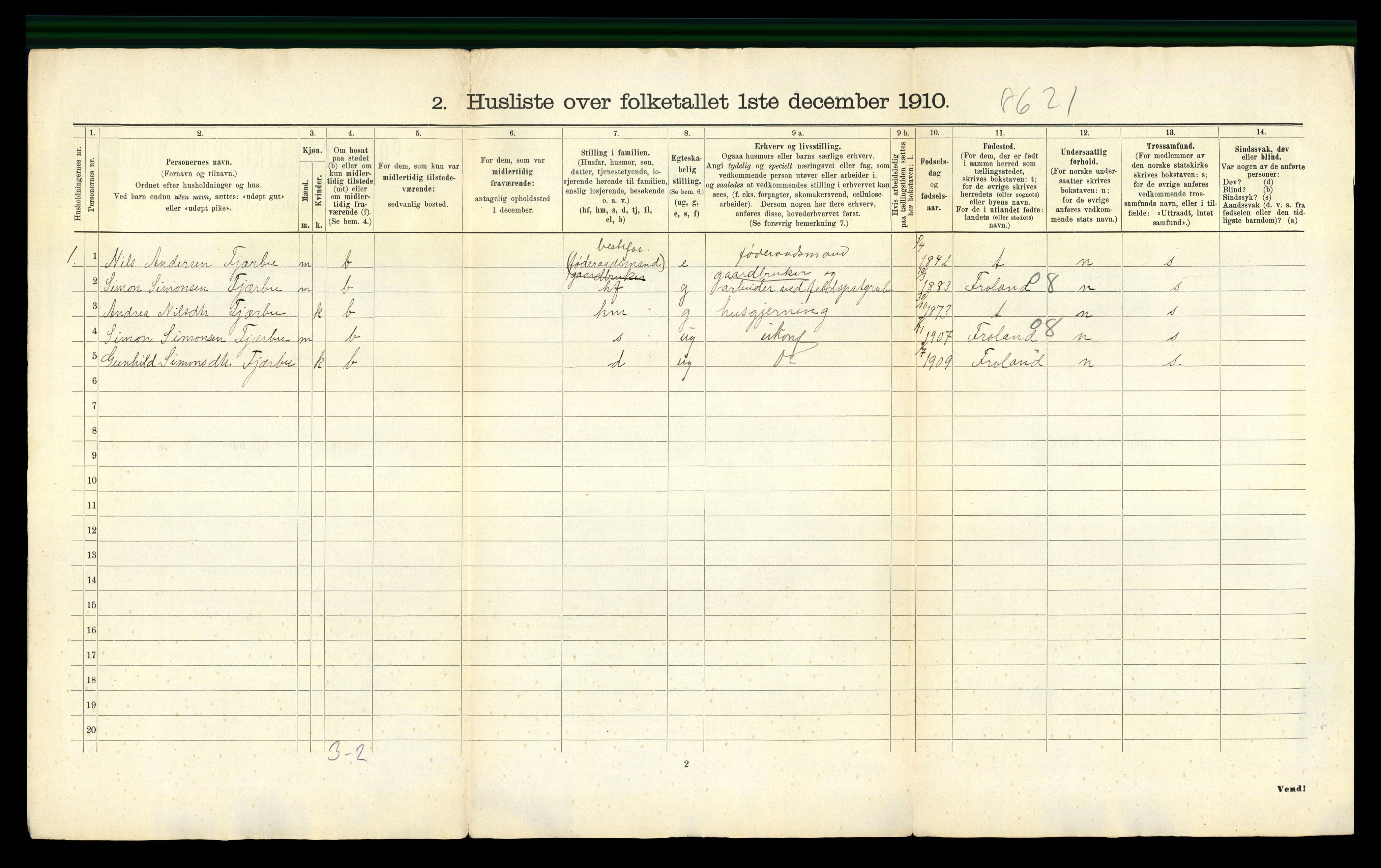 RA, 1910 census for Austre Moland, 1910, p. 45