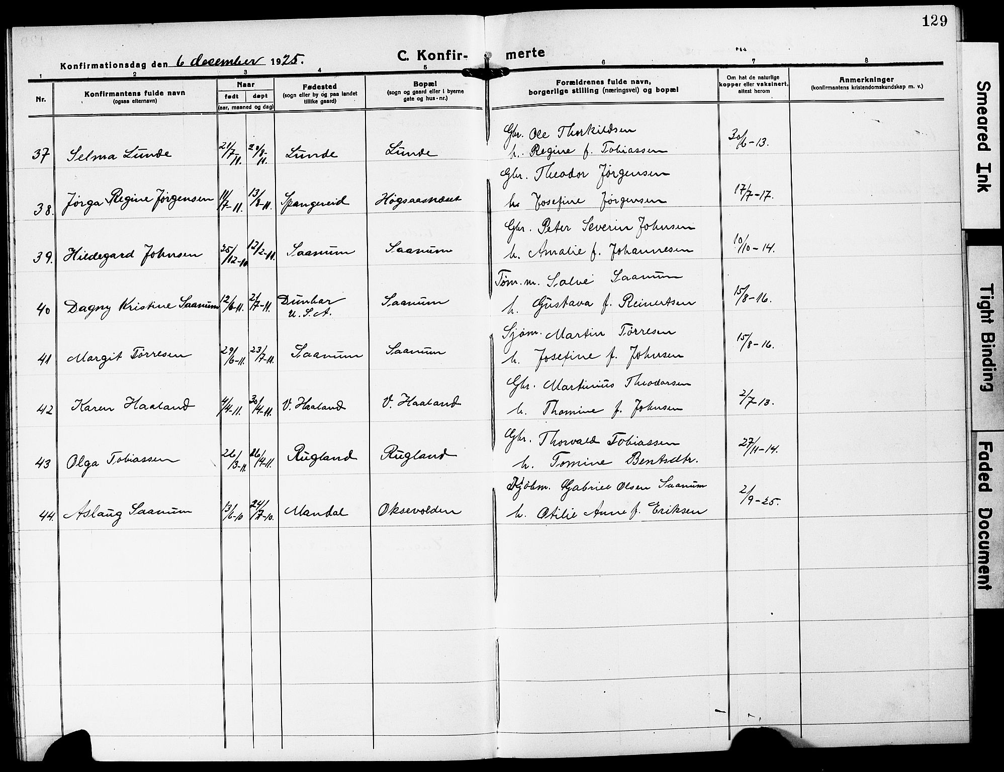 Mandal sokneprestkontor, SAK/1111-0030/F/Fb/Fba/L0013: Parish register (copy) no. B 7, 1918-1931, p. 129