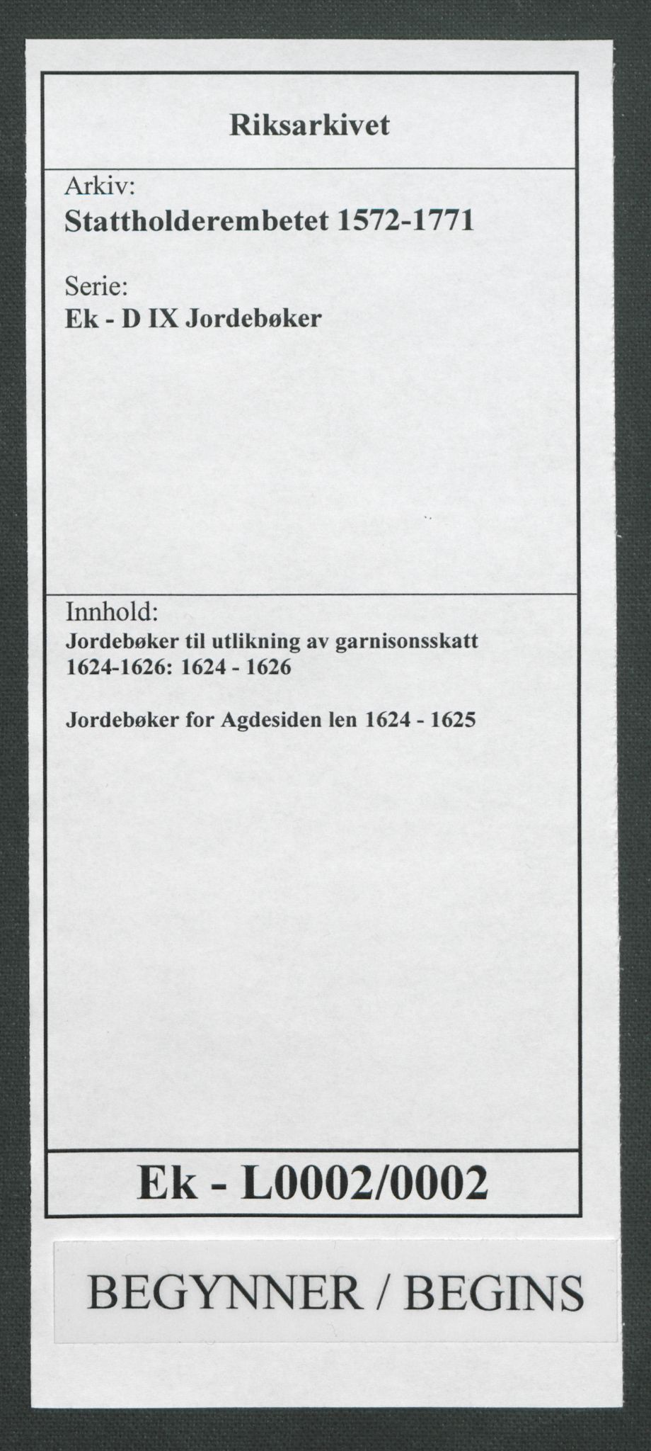 Stattholderembetet 1572-1771, RA/EA-2870/Ek/L0002/0002: Jordebøker til utlikning av garnisonsskatt 1624-1626: / Jordebøker for Agdesiden len, 1624-1625, p. 1
